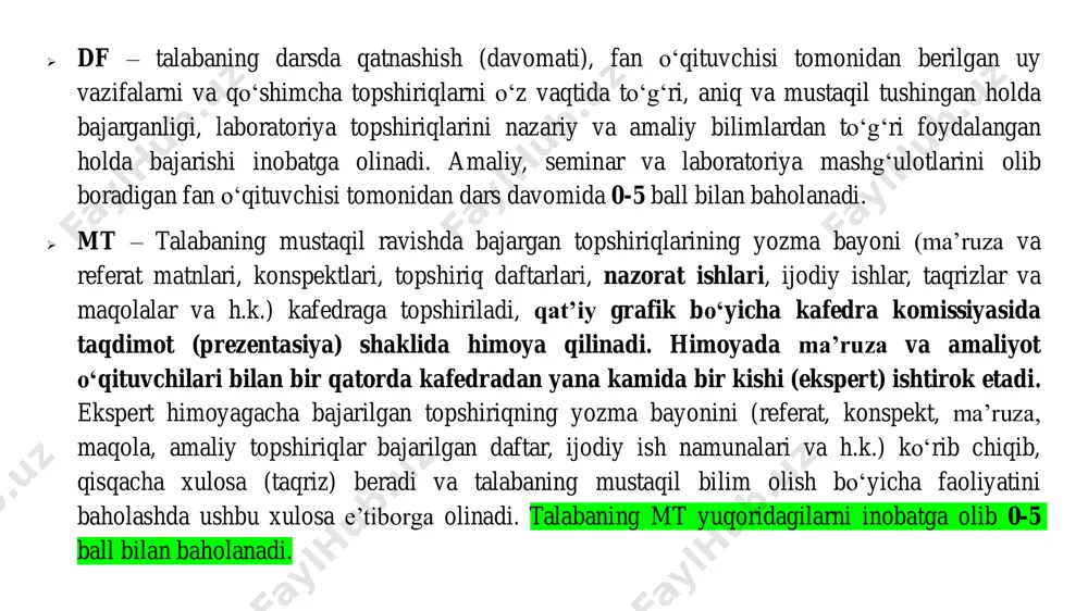 30-36 bo‘lganda – “3-qoniqarli”, 37-43 bo‘lganda – “4-yaxshi”, 44-50 bo‘lganda – “5-a’lo” baholanadi) bilan baholanadi. 𝐛𝐚𝐡𝐨 = 𝑩𝟏 + 𝑩𝟐 +⋯+𝑩𝟓 𝟓 –𝒏𝒂𝒕𝒊𝒋𝒂 𝒃𝒖𝒕𝒖𝒏 𝒔𝒐𝒏𝒍𝒂𝒓𝒅𝒂 𝒚𝒂𝒙𝒍𝒊𝒕𝒍𝒂𝒏𝒂𝒅𝒊 b – yozma ish yoki tesdagi savollar javobiga qo‘yilgan ballar. bunda, yozma ishda har bir savol javoblar “b=0, 1, 2, 3, 4, 5” ballar bilan baholanadi. misol: umumiy ball savollar soniga bo‘linganda bo‘linma 2,5 ga teng bo‘lsa, u holda yozma ish yoki test natijasi“3” (qoniqarli) baho bilan baholanadi. ➢ nazoratlar natijasida to‘plangan ball quyidagi tizim asosida bahoga konvertatsiya qilinadi: baho 𝐁𝟏 + 𝐁𝟐 +⋯+ 𝐁𝟓 𝟓 = 𝐛𝐚𝐥𝐥 5 (a’lo) 4,5–5 4 (yaxshi) 3,5–4,49 3 (qoniqarli) 2,5–3,49 2 (qoniqarsiz) 0-2,49 siz quyidagi hollarda akademik qarzdor hisoblanasiz: - ta’lim kredit tizimi sharoitlarida amalga oshirilganda talaba bir fandan unga ajratilgan auditoriya soatlarining 25 foizini va undan ortiq soatni sababsiz qoldirganligi tufayli bo‘lsa, avtomatik ravishda yakuniy nazoratga kiritilmaganda; bunda talaba mazkur fan bo‘yicha tegishli kreditlarni o‘zlashtirmagan hisoblanadi …
