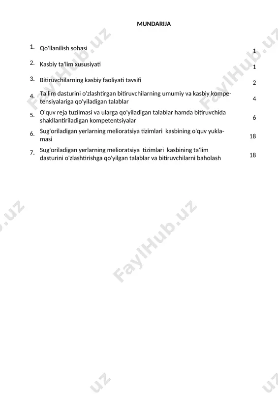 oniyatlari. sug'oriladigan yerlarning melioratsiya tizimlari kasbi bitiruvchisi keyinchalik kasbiy ta'limini chuqurlashtirish maqsadida: kadrlar malakasini oshirish tizimida, tarmoq o'quv muassasalarida va maxsus kurslarida malakani oshirishi; kasbiy faoliyatning tegishli sohasida yanada yuqoriroq malakaga erishish maqsadida texnikum va oliy ta'lim muassasasida o'qishni davom ettirishi mumkin. 2.4. o'qishga qabul shartlari. o'qishga qabul shartlari amaldagi qonunchilik asosida amalga oshiriladi. 3. bitiruvchilarning kasbiy faoliyati tavsifi 3.1. bitiruvchining kasbiy faoliyat sohasi: qishloq va suv xo'jaligida, gidromelioratsiya tizimlarini ishlatish korxonalarida, suv inshootlari qurilishi tashkilotlarida, suv inshootlarini loyihalash tashkilotlarida, nasos stantsiyalarida, gidrogeologik korxonalarda, irrigatsiya va melioratsiya tizimlari, gidrogeologik qidiruv ekspeditsiyasi korxonalarida, meliorativ ekspeditsiya bo'limlari, suv xo'jaligi markaziy dispetcherligi, tuman suvoqova-suv ta'minot ishlab chiqarish korxonalari, davlat, nodavlat va notijorat suv iste'molchilari uyushmalarida meliorativ tizimlarning to`g`ri ishlashini ta`minlash va sug`oriladigan yerlarning meliorativ holatini yaxshilash ishlarini,suv xo`jaligi ob`yektlarida suv sarfini o`lchash ishlarini hamda yengil va yuk avtomobillarida tashish ishlarini mehnat muhofazasi va yo`l harakati qoidalariga amal qilgan holda bajarish. 3.1. bitiruvchining kasbiy …