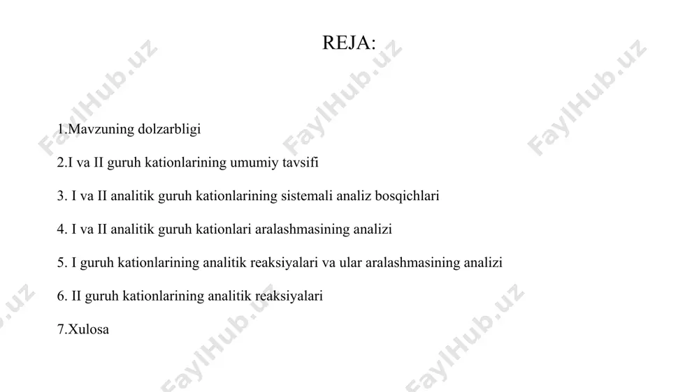 onlari kiradi. bu kationlar birinchi analitik guruh kationlaridan farq qilib, turli ionlar bilan birikib suvda qiyin eriydigan tuzlar hosil qiladi. masalan: ikkinchi guruh kationlarining sulfatlari, fosfatlari, oksalatlari va karbonatlari suvda qiyin eriydi. ikkinchi guruh kationlarining birinchi analitik guruh kationlaridan karbonatlar сасо3, srco3, baco3 holida ajratish qulay. i va ii analitik guruh kationlarining sistemali analiz bosqichlari i va ii analitik guruh kationlari aralashmasining analizi 1.guruhlarning asosiy farqlari va ajratish prinsipi i analitik guruh kationlari: bu guruhga nh₄⁺, na⁺, k⁺, li⁺, rb⁺, cs⁺, fr⁺, mg²⁺ kabi ishqoriy va ishqoriy yer metallari kationlari kiradi. ular suvda yaxshi eriydigan, reaktivlar bilan kuchli cho‘kma reaksiyalari bermaydigan, shuningdek, bir-biridan alanga testi yoki selektiv reaktivlar bilan ajraladigan kationlardir.ii analitik guruh kationlari: bu guruhga ca²⁺, sr²⁺, ba²⁺, ra²⁺ kabilar kiradi. ular suvda yomon eriydigan karbonatlar, fosfatlar, oksalatlar va sulfatlar hosil qilish xususiyatiga ega. ularni ajratish uchun umumiy reaktiv sifatida (nh₄)₂co₃ ishlatiladi, bu ph ≈ 9–10 da karbonatlar holida …