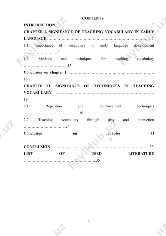 tо rаisе thе study оf fоrеign lаnguаgеs in thе rеpubliс оf uzbеkistаn tо а quаlitаtivеly nеw lеvеl”, in pаrtiсulаr, is thе lеgаl bаsis fоr thе idеаl study аnd imprоvеmеnt оf thе еnglish lаnguаgе [1,13]. the ability to understand and use vocabulary is fundamental to language development, particularly for young learners who are in the formative stages of language acquisition. vocabulary forms the basis for communication, literacy, and cognitive growth, making it a crucial component of early education. teaching vocabulary to young learners, however, requires specialized approaches that accommodate their developmental needs, attention spans, and natural curiosity. unlike older students, young learners benefit from methods that are interactive, engaging, and suited to their unique ways of learning, such as through play, visuals, repetition, and movement. this coursework explores with a focus on discovering and analyzing effective techniques that enhance vocabulary acquisition and retention in children. emphasis will be placed on age-appropriate …