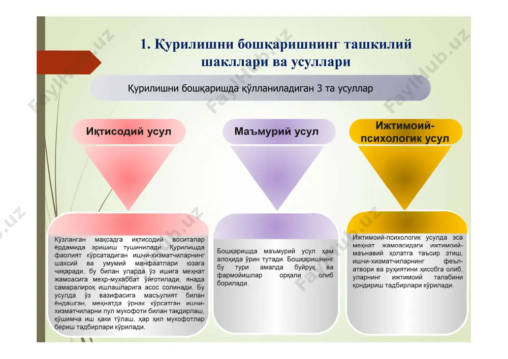 илан биргаликда ўз рақобатчиларининг иш фаолиятини ҳам назардан четда қолдирмаслик зарурияти туғилади. бу масалалар билан шуғулланиш маркетингнининг вазифаси ҳисобланади. хўш, маркетинг нима ўзи, у қурилишда қандай рол ўйнайди? маркетинг хизмати ўз фаолиятини қуйидаги вазифаларни бажаришга қаратмоғи лозим: 2 мақсадни аниқ қилиб олиш ва уни доимо назорат қилиш имконини берувчи формага солиш. 5 бозорни доимо ўрганиб бориш ва шу асосда маҳсулот турлари, сифат ва миқдорини олдиндан белгилаш. 4 қурилиш ишлаб чиқаришини бозордаги талаб ва эҳтиёжга мослаштириш 9 маҳсулотни четга чиқариш имкониятларини қидириш ва бундай маҳсулот турлари ва миқдорини олдиндан белгилаш 1 рақобатчилар иш фаолиятини, уларнинг стратегия ва тактикасини ўрганиш 7 маҳсулотларни айрбошлаш ва сотиш режаларини тузиш ҳамда амалга ошириш 6 бозорда ким ўрин эгаллаш, харидорлар сафини кенгай- тириш учун реклама ишларини ташкил қилиш 8 хизматнинг янги йўналишлар устида бош қотириш ва уларни ташкил қилиш 3 фаолиятнинг доимо «сарфлар- натижалар» кўрсаткичлари бўйича назорат қилиш лойиҳалар якка тартибдаги намунавий якка тартибдаги лойиҳа асосида …