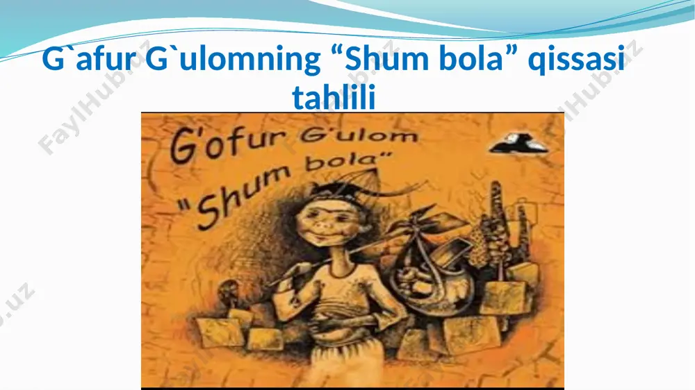 asarlaridan jamlangan «dinamo» va «tirik qo‘shiqlar» nomli dastlabki she’riy to‘plamlari 1931—1932 yillarda chop etildi. shoir 1930—1935 yillarda «ko‘kan» dostonini, «to‘y», «ikki vasiqa» balladalarini yaratdi. biroq, shoirning bir qator she’rlari, xususan, biz ko‘p yillar jamoalashtirish mavzuidagi yirik asar deb maqtab kelgan «ko‘kan» dostoni hozirgi davr talablari darajasida emasligi sezilib qoldi. g’afur g’ulomning yoshlik damlari 1-jahon urushi yillariga to’g’ri keldi. shu sababli ham bu mavzu uning she’rlari va nasriy asarlarida o’z ifodasini topdi. uning “shum bola” qissasi 1936-yilda yaratildi.1962-yilda chop etildi. poytaxtimizdagi mirzo ulug`bek tumanida joylashgan “g`afur g`ulom” bog`i g’afur g’ulom ijodkorlar nigohida g’afur g’ulom ijodkorlar nigohida g’afur g’ulom ijodkorlar nigohida savollarga javob bering образец текста второй уровень третий уровень четвертый уровень пятый уровень “savol-javob” metodi bunda o`quvchilar doskadagi daraxtning mevalari orqasidagi savollarga javob berishadi. savollarga javob berolmagan o`quvchilarga jarima ball beriladi. masalan: 1. “mening o`g`rigina bolam” asarining janri? 2. g`afur g`ulom qachon va qayerda tug`ilgan? 3. g`afur g`ulomning bolalik yillari qaysi …