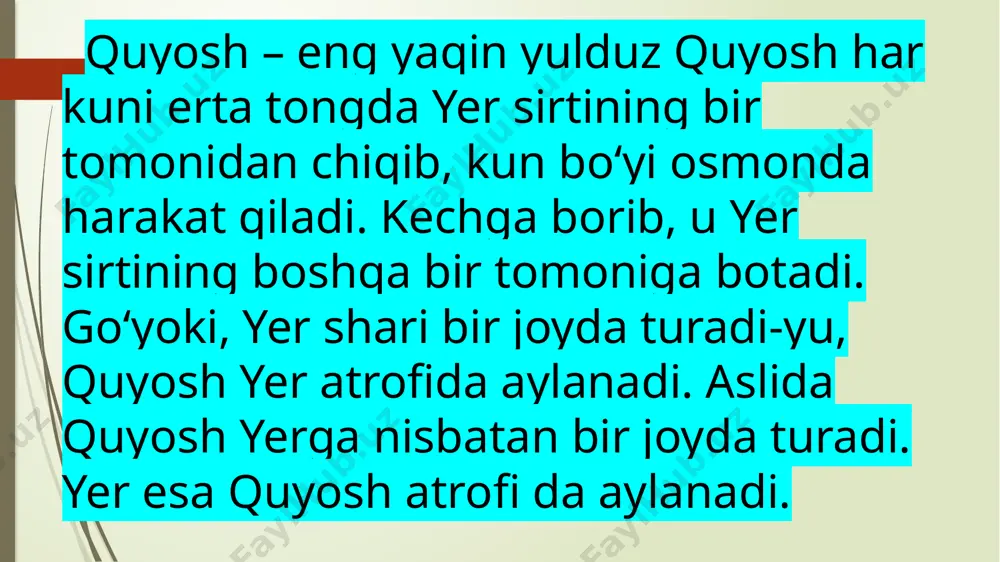 yoqni tim qorong‘ilik qamrab oladi. osmondagi oyning yorug‘ligi ham yo‘qoladi. chunki oy o‘zidan yorug‘lik chiqarmaydi, u quyosh nurini ko‘zgu kabi bizga qaytaradi, xolos. quyoshning yorug‘ligisiz yer yuzi tez sovib ketardi. hamma yoq qor-muzliklar bilan qoplanar edi. daryo va ariqlardagi, hattoki, vodoprovoddagi suvlar ham to‘xtab qolar edi. xullas, hamma yoqni vahimali qorong‘ilik bosib, qahraton sovuq egallar edi. quyosh yorug‘ligisiz o‘simliklar ham o‘smasdi, hayvonlar ham yashay olmasdi. mevasabzavotlar, oziq-ovqatlar ham bo‘lmasdi. shuning uchun ham aytish mumkinki, quyosh – yerdagi hayot manbayidir. quyosh sistemasi quyosh va uning atrofi da aylanib yuruvchi barcha osmon jismlari birgalikda quyosh sistemasini tashkil etadi. quyosh atrofida sayyoralar, kometalar, meteorlar va boshqa osmon jismlari aylanib yuradi. tunlari ba’zida xira «yulduz»ning boshqa yulduzlar orasida siljiyotganini, ya’ni sayr qilib yurganini payqash mumkin. bunday osmon jismi aslida yulduz emas, balki sayyoradir. quyosh sistemasidagi yirik osmon jismlari sayyoralar deb ataladi. sayyoralar o‘zidan nur chiqarmaydi. biz sayyoralardan qaytayotgan quyosh nurlarini ko‘ramiz, xolos. quyosh atrofi …