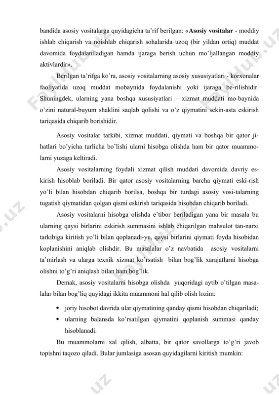 hni taqozo qiladi. bular jumlasiga asosan quyidagilarni kiritish mumkin: · asosiy vositalarning boshlang’ich qiymatini qanday aniqlash kerak? · asosiy vositalarning bir qismini xarajatlarga qanday olib borish kerak? · asosiy vositalarni ta’mirlash, texnik xizmat ko’rsatish va ulardan foydalanish bilan bog’liq xarajatlar hisobini qanday olib borish kerak? · hisobda asosiy vositalar va nomoddiy aktivlarning chiqib ketishini qanday ifodalash kerak? kutubxona fondlari, qishloq xo’jalik mashinalari va qurollari qiymatidan qat’iy nazar, asosiy vositalarga qo’shiladi. asosiy vositalarni hisobga olishni engillashtirish maqsadida uni batafsil turkumlab olish maqsadga muvofiqdir. asosiy vositalar bir qator belgilari bo’yicha turkumlanadi (8.1- chizma). 8.1- chizma. asosiy vositalarni turkumlanishi buxgalteriya hisobida hisobga olishda asosiy vositalarni turlari bo’yicha (natural buyum shakliga ko’ra) quyidagi gruhlarga ajratiladi: · yer; · yerni obodonlashtirish; · moliyalanadigan lizing shartnomasi bo’yicha olingan asosiy vositalar; · binolar, inshootlar va uzatuvchi moslamalar; · mashina va uskunalar; · mebel va ofis jihozlari; · kompьyuter jihozi va hisoblash texnikasi; · transport vositalari; · ish …