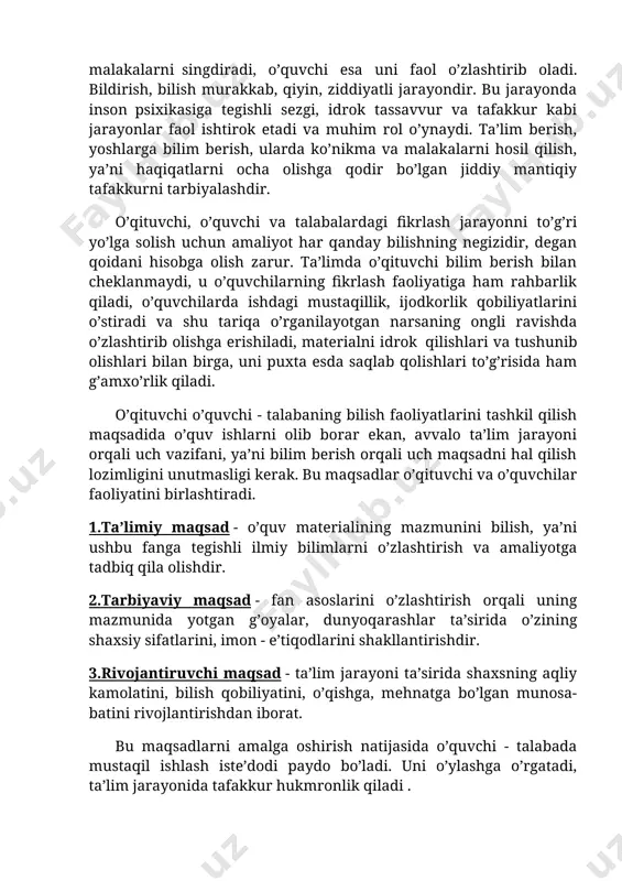 o‘quv mashg‘ulotlarida buyumni tashqi xossasini ya’ni buyumning tasvirini ko‘rib chiqsa, o‘zi mustaqil holda bilimlarni o‘zlashtira oladi deb hisoblagan va inson mavjud narsalarni ularning tasvirini idrok etish tufayli, unda voqelikni aks ettiruvchi tasavvur shakllanishini uqtirgan. olimlarning yuqoridagi fikr va mulohazalarini umumlashtirib aytishimiz mumkinki, o‘qitish tamoyillari yosh avlodga ta’lim tarbiya berish maqsadga muvofiq, ular o‘qishning asosiy yetakchi qoidasidir. ya.a.komenskiy o‘zining “buyuk didaktika” asarida didaktikaning o‘qitish tamoyillarini ishlab chiqqan. sport faoliyatida ta’lim tamoyillariga tasnif didaktik..qoidalar,.ta’lim..tamoyillari..quyidagilar: 1. ilmiy bo‘lishi tamoyili. .. .. 2. tizimli va izchil bo‘lishi tamoyili. .. 3. ta’lim va tarbiyaning birligi tamoyili. .. 4. nazariyani amaliyot bilan bog‘lab o‘qitish tamoyili. .. 5. onglilik, faollik va mustaqillik tamoyili. .. 6. ko‘rgazmalilik tamoyili .. 7. bilim, ko‘nikma va malakalarni puxta o‘zlashtirish tamoyili. .. 8. har qaysi o‘quvchiga xos xususiyatlarni hisobga olish tamoyili. bu tamoyillarga barcha predmet o‘qituvchilari rioya qilishlari kerak. jahon xalqlarining jismoniy tarbiya va sport turlarini o‘rgangan holda, ular bilan shug‘ullanib yuqori …