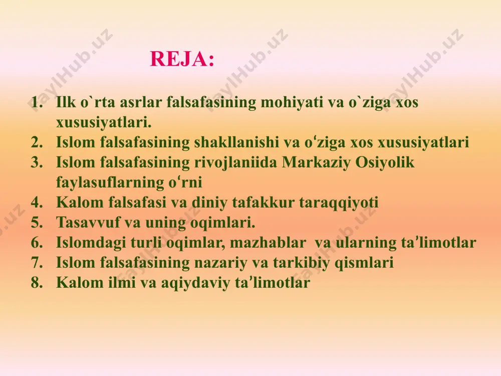 ologik jihatdan “islom” atamasi “salm” o‘zagidan olingan bo‘lib, “salom–tinchlik” ma’nosini anglatadi. islom ta’limotining asosiy manbasi muqaddas qur’on kitobi sanaladi. barcha musulmonlar aqiydaviy va fiqxiy masalalarda qur’on ko‘rsatmalariga amal qiladi. qur’oni karim – alloh tarafidan 23 yilga yaqin muddat mobaynida muhammad payg‘ambar(saf)ga oyatma-oyat, surama-sura tarzida nozil qilingan ilohiy kitobdir. islom ilohiyot maktablaridan biri ahl as-sunna va-l-jamoa ta’limotiga ko‘ra, qur’on alloh taoloning so‘zi va uning azaliy ilmidir. qur’on alloh taoloning kalomi va uning azaliy ilmidir. qur’on 114 ta suradan iborat. sura qur’ondan bir bo‘lak bo‘lib, eng kami uchta yoki undan ortiq oyatlarni o‘z ichiga oladi. oyatlar soni esa, qur’on matnlarini taqsimlashning turli yo‘llariga ko‘ra, 6204 ta, 6232 ta, hatto 6666 tagacha belgilangan. bu har xillik qur’on nusxalarining bir-biridan farqli ekanligini emas, balki undagi oyatlarning turli qiroat maktablarining (ularning soni 14 dan ortiq) an’analari bo‘yicha turlicha taqsimlanganligini bildiradi. islom ta’limoti asosan 5 ta rukn(ustun) asosida shakllangan: iymon namoz ro‘za zakot haj islom aqiydaviy …