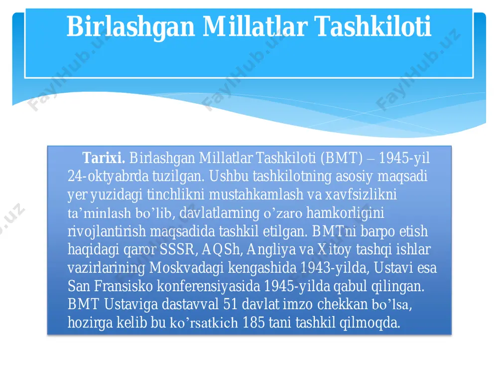 dagi vakolatxonasi ochildi. o’zbekistonning a’zoligi kotibiyat. kotibiyat birlashgan millatlar tashkilotining bosh assambleyasi, xavfsizlik kengashi va boshqa tashkilotlari ko’rsatmalariga muvofiq tezkor va ma’muriy ishlarni amalga oshiradi. uni umumiy ma’muriy rahbarlikni olib boradigan bosh kotib boshqaradi. hozirgi vaqtda kotibiyat qariyb dunyoning 160 mamlakatidan bo’lgan 8900 kishi ishlaydigan yetti deportament va turli boshqarmalardan tashkil topgan. bundan tashqari nyu-york, jeneva, vena va nayrobida birlashgan millatlar tashkilotining bo’limlari mavjud. bmt qarorgohi 1945 yil 24 oktabr – birlashgan millatlar tashkiloti tuzildi: uning nizomi xavfsizlik kengashining besh doimiy a’zosi hamda uni imzolagan davlatlarning ko’pchiligi tomonidan ratifikasiya qilindi va kuchga kirdi. 1947 yil 24 oktabr – bosh assambleya o’zining 168 (ii) rezolyusiyasi bilan «birlashgan millatlar kuni»ni rasmiy ravishda e’lon qildi. 1948 yil 10 dekabr – bosh assambleya inson huquqlari umumjahon deklarasiyasini qabul qildi. 1949 yil 24 oktabr – nyu-yorkda bmt markaziy muassasalari binosiga birinchi g’isht qo’yildi. 1961 yil 18 sentabr – bosh kotib dag hammarsheld kongodagi missiyasi paytida …