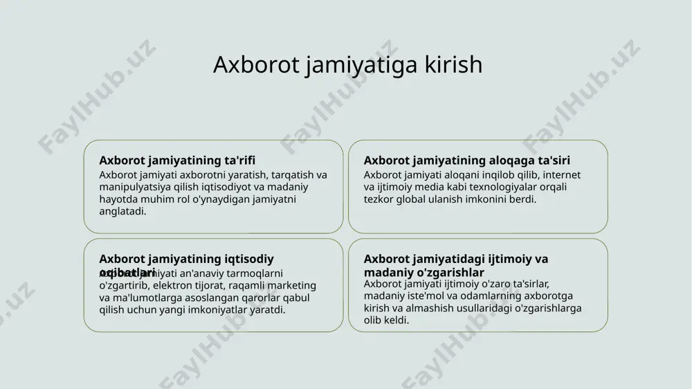 . axborot jamiyati va iqtisodiy integratsiya axborot jamiyati mamlakatlar oʻrtasida iqtisodiy integratsiyani ragʻbatlantirib, global taʼminot zanjirlari, moliyaviy bozorlar va elektron tijorat platformalarini yaratishga olib keldi. globallashgan dunyoda axborot jamiyatining muammolari noto'g'ri ma'lumotlarning tez tarqalishi, shaxsiy daxlsizlik va raqamli tafovut globallashgan dunyoda axborot jamiyati tomonidan qo'yilgan muammolardan biridir. axborot jamiyatining kelajagi 1 2 3 texnologiyadagi yutuqlar ma'lumotlarning maxfiyligi va xavfsizligi raqamli inklyuziya va kirish axborot jamiyatining kelajagi sun'iy intellekt, virtual reallik va kvant hisoblash kabi texnologiyalarning rivojlanishi bilan shakllanadi. axborot jamiyati rivojlanishda davom etar ekan, shaxsiy va maxfiy ma'lumotlarni himoya qilish uchun qat'iy choralar ko'rishni talab qiladigan ma'lumotlar maxfiyligi va xavfsizligining ahamiyati ustuvor bo'ladi. axborot jamiyatining kelajagi barcha uchun raqamli inklyuzivlik va undan foydalanishni ta'minlash, raqamli tafovutni bartaraf etish va ishtirok etish uchun teng imkoniyatlarni ta'minlash bo'yicha sa'y-harakatlarni talab qiladi. axborot jamiyatida axloqiy mulohazalar maxfiylik va ma'lumotlarni himoya qilish axborot jamiyatidagi axloqiy mezonlarga shaxslarning shaxsiy hayotini himoya qilish va tashkilotlar tomonidan …