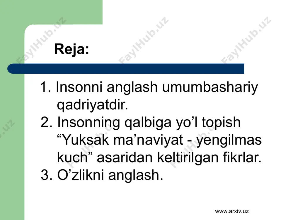 atning ustidan ikkinchi davlatning ustunligi. b) davlat va jamiyatni bosib olish. s) xurlash, zurovonlik, boskinchilik, dinni soxtalashtirish. d) yukoridagi javoblarni barchasi tugri. 12. millatning asosiy belgisi nima? a) dini. b) til. s) urf-odat. d) tarixi ye) bayramlari. 13. kaysi goya a.temurning bosh goyasi xisoblanadi? a) adolat. b) xakikat. s) kuch millatning birligida. d) kuch adolatda. u) yukoridagi javoblarni barchasi tugri. 14. milliy kadriyatlarimizga nimalar kiradi? a) millatning tili, dini, urf-odatlari, ananalari. b) xalkning birligi, vatanparvarligi, sodikligi. s) utmishi, uzligi, konunlari. d) yukoridagi javoblarni barchasi tugri. 15. yuksak ma'naviyat-engilmas kuch asari nechenchi yilda yozilgan va nechta bobdan iborat? a) 2007 yilda 6 bobdan. b) 2009 yilda 4 ta bobdan . s) 2011 yilda 4 ta bobdan. d) 2008 yilda 4 ta bobdan. 16. prezidentimiz kaysi yili soglom avlod yili deb e'lon kilgan? a) 1998 yil. b) 2001 yil. s) 2000 yil. d) 2003 yil. 17. nechanchi yilda toshkent shaxri islom madaniyati …