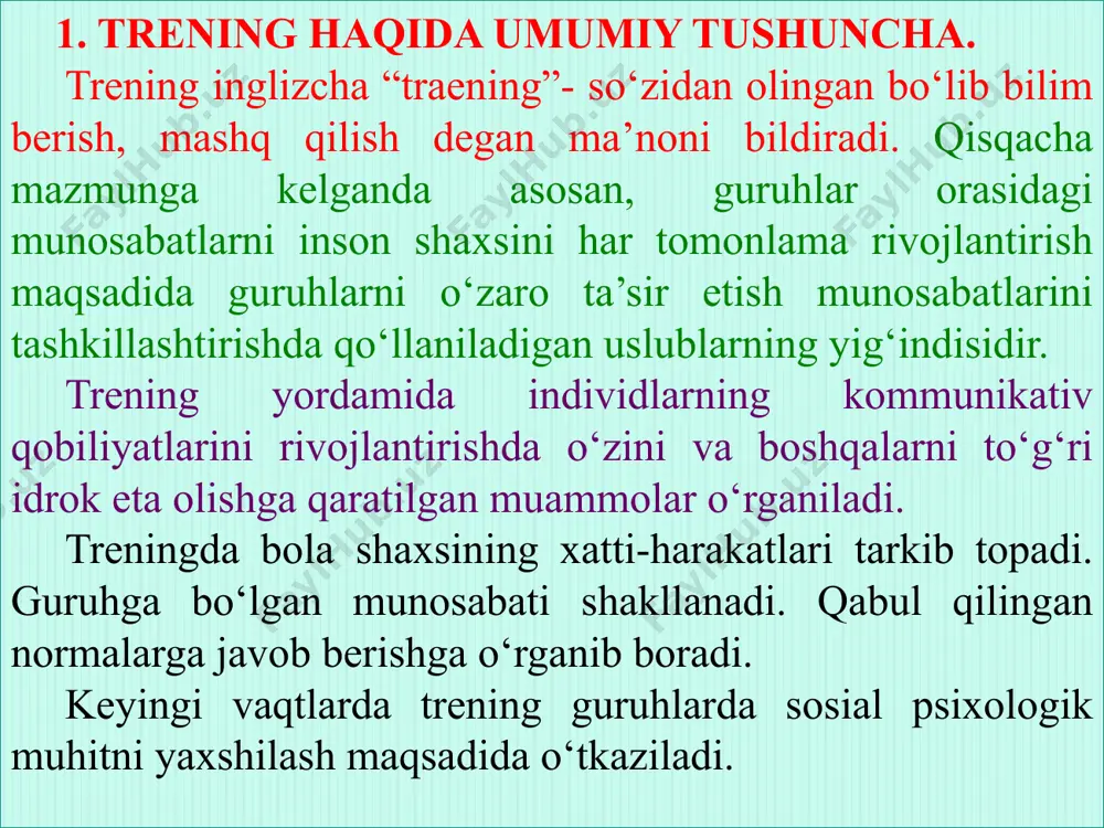 mashg‘ulotni qamrab oladi, mashg‘ulot jarayonida o‘zaro samimiy munosabatda, do‘stona vaziyatda va muomalada bo‘lishadi. trening yoki o‘yin jarayonida ma’lum qoidalarga rioya qilinadi. 1-chidan bir biriga samimiylik va hayrihoxlik. 2-chidan bir-biriga ishonish. 3-chidan qatnashuvchining faoliyatiga va muloqot usullariga baxo berish. 4-chidan o‘z taassurotlarini treningda ya’ni boshqaruvchiga ma’lum qila olishi. 5-chidan topshiriqlarni bajarishda faqat ijodiy farazga mo‘ljal bo‘lishi. 6-chidan jismoniy nuqsonlarga e’tibor bermaslik. 7-chidan mashg‘ulot jarayonida hech kimga hech qanday maslahat bermaslik. 8-chidan albatta “bu yerda va hozir” degan shartni bajarishi; ya’ni trening paytida ro‘y bergan hodisa yoki narsa tashqariga chiqmasligi zarur. 9-chidan qatnashuvchilar guruhlarning barcha a’zolarini roziligi bilan ishtirok etishlari kerak bo‘ladi. o‘yin jarayonida ro‘y berib turadigan qiyinchiliklarni nazarda tutish zarur bo‘ladi. yuqoridagilardan kelib chiqqan holda trening o‘tkazish jarayonida quyidagilarga e’tibor qaratish ko‘zda tutiladi: 1. har bir shaxs o‘yin jarayonida ishtirokchilarning ko‘zlariga va qiyofasiga to‘g‘ridan-to‘g‘ri qaray olishi kerak. 2. o‘yin faoliyatining borishida yaratilgan vaziyat yaxshi va qulay bo‘lishi shart. 3. o‘yinning muvaffaqiyatli …