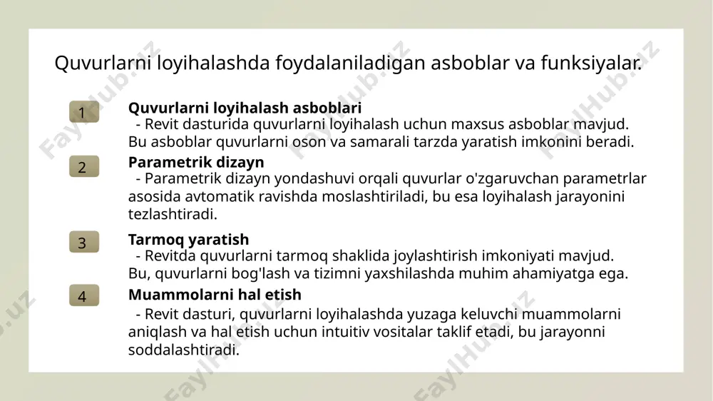 gini oshiradi. quvurlar armaturalari va ularning dizayn jarayonidagi roli. quvurlar armaturalari dizayn jarayonidagi ahamiyati innovatsion yondashuvlar quvurlar armaturalari, quvurlarni bog'lash va tizimni mukammal ishlashini ta'minlash uchun zarur. ular turli shakl va o'lchamlarda mavjud. quvurlar armaturalari dizayn jarayonida muhim rol o'ynaydi, chunki ular quvurlar o'rtasidagi bog'lanishni osonlashtiradi va tizimning samaradorligini oshiradi. zamonaviy dizaynlarda quvurlar armaturalari uchun innovatsion yondashuvlar qo'llaniladi, bu esa quvurlarning ishlashini va ularning integratsiyasini yaxshilaydi. revitda quvurlar armaturalari: muammolar va yechimlar. quvurlar armaturalari muammolari yechimlar va strategiyalar texnologik yangiliklar revit dasturida quvurlar armaturalari yaratishda ko'plab muammolar yuzaga kelishi mumkin, masalan, noto'g'ri o'lchovlar va joylashuvlar. muammolarni hal qilish uchun parametrik dizayn yondashuvlarini qo'llash va o'lchovlarni tekshirish zarur. bu jarayon quvurlarni samarali loyihalashga yordam beradi. zamonaviy texnologiyalar, masalan, 3d modellashtirish va simulyatsiya, quvurlar armaturalari muammolarini hal etishda samarali yechimlar taqdim etadi, ish jarayonini osonlashtiradi. quvurlar armaturalari: standartlar va normativlar. armaturalarning ahamiyati quvurlar armaturalari, quvurlar tizimining samarali ishlashi uchun zarur. ular suv …