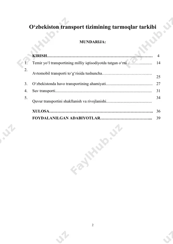 yalari o‘rtasida samarali kelishuvlarga erishildi. bugungi kunda ushbu temir yo‘l orqali toshkent – andijon – toshkent yo‘nalishida har kuni zamonaviy tezyurar yo‘lovchi poezdlari aholiga xizmat ko‘rsatmoqda. andijon – buxoro – andijon yo‘nalishida haftasiga ikkita yo‘lovchi poezdi, haftada bir marotaba andijon – urganch – andijon, andijon – moskva – andijon yo‘nalishlarida yo‘lovchi poezdlari qatnovi tashkil etildi. bundan tashqari, bir sutkada o‘nlab yuk poezdi angren – pop elektrlashtirilgan temir yo‘li orqali o‘tib, yuklarni o‘z manziliga etkazmoqda. kurs ishining maqsad va vazifalari: kurs ishining maqsadi o’zbekistonning transport tarmoqlarini o’rganish belgilangan mavzuni yoritishda o’zbekiston geografiyasi bo’limida olgan bilimlardan foydalanib mavzuni kengroq yoritish belgilangan. kurs ishining obyekti va predmeti: kurs ishining obyekti sifatida o’zbekiston hududi tanlanggan, tatqiqot predmeti esa o’zbekistonning transport tarmoqlari belgilangan. kurs ishining tuzilishi va hajmi. kurs ishi kirish, beshta reja, xulosa va foydalanilgan adabiyotlar ro’yxatidan iborat bo’lib jadvallar bilan boyitilgan. 1.temir yo‘l transportining milliy iqtisodiyotda tutgan o‘rni temir yo‘l transporti. milliy iqtisodiyotda …