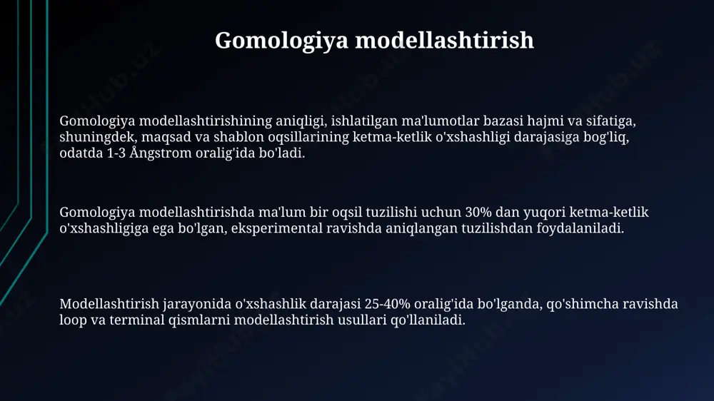 maqsadida, 500 dan ortiq xususiyatlarni o'z ichiga olgan mashina o'rganish modellari qo'llaniladi. gen tuzilishini aniqlash uchun bioinformatik usullar, masalan, blast (basic local alignment search tool) yordamida 10⁶ dan ortiq nukleotid ketma-ketliklari solishtiriladi. oqsil tuzilishini bashorat qilishda 3d model hosil qilish uchun 100 dan ortiq eksperimental ma'lumotlar va hisoblash algoritmlaridan foydalaniladi. kvaternion tuzilmani bashorat qilish mashinani o'rgatish usullari, xususan, chuqur neyron tarmoqlari, kvaternionlarning murakkab 3d tuzilmalarini bashorat qilishda aniqlikni oshirishda muhim rol o'ynaydi, bu esa 0.5 angstromdan kamroq rmsd xatoligiga olib kelishi mumkin. kvaternion tuzilmasini bashorat qilishning aniqligi, ma’lumotlar bazasidagi gomologik ketma-ketliklar soniga va ularning identifikatsiyaga bog'liq bo'lib, 70% dan yuqori identifikatsiyada 90% aniqlikka erishiladi. kvaternion tuzilmasini bashorat qilishda 3d struktura modellashtirish algoritmlari, masalan, rosetta yoki modeller, 100 dan ortiq aminokislotali zanjirlar uchun ham yuqori aniqlikdagi natijalar bera oladi. sekundar tuzilmani bashorat qilish sekundar tuzilmani bashorat qilishda, chou-fasman usuli 20 ta aminokislota qoldig'ining statistikaviy tahlilini o'z ichiga oladi va α-spiral va …