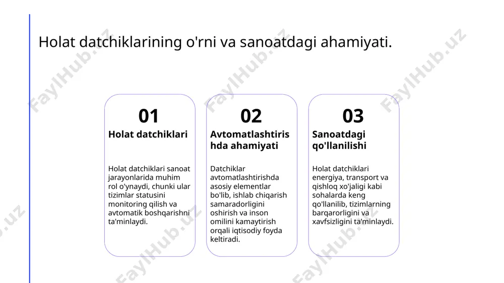 rayoni amalga oshiriladi. 2 dasturiy boshqarish dasturiy boshqarish sensorlardan olingan ma'lumotlarni tahlil qilib, ishlab chiqarish jarayonini optimallashtirishga yordam beradi. bu, natijada, resurslarni tejash imkonini yaratadi. 3 iqtisodiy samaradorlik dasturiy boshqarish orqali jarayonlarni optimallashtirish, xarajatlarni kamaytirish va ishlab chiqarish samaradorligini oshirishga olib keladi. bu iqtisodiy foyda beradi. sensorlar yordamida avtomatlashtirilgan yechimlar va ularning iqtisodiy samaradorligi. 1 sensorlar va avtomatlashtirish sensorlar, avtomatlashtirish jarayonlarida ma'lumotlarni to'plashda muhim rol o'ynaydi, bu esa samaradorlikni oshirishga yordam beradi. 2 iqtisodiy samaradorlik sensorlar yordamida avtomatlashtirilgan tizimlar, resurslar tejash va ish jarayonlarini soddalashtirish orqali iqtisodiy samaradorlikni oshiradi. 3 innovatsion yechimlar zamonaviy sensorlar, iot va big data texnologiyalari bilan birlashib, innovatsion yechimlar yaratadi va raqobatbardoshlikni kuchaytiradi. xulosa holat datchiklarining ahamiyati holat datchiklari sanoatdagi jarayonlarni avtomatlashtirishda muhim rol o'ynaydi, ma'lumotlarni to'plash va tahlil qilish orqali samaradorlikni oshiradi. dasturiy boshqarishning roli datchiklarni dasturiy boshqarish samarali yechimlar yaratishga yordam beradi, ishlab chiqarish jarayonlarini optimallashtirish va resurslarni tejash imkonini beradi. innovatsiyalar va kelajak …