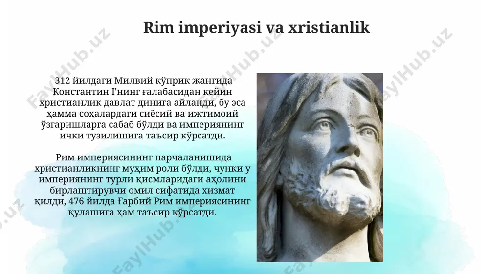 b yozish va saqlash bilan shugʻullanib, 1000 dan ortiq qoʻlyozmalarni asrab qolishdi. oʻrta asr xristian dunyosida, 1347-1351 yillardagi "qora oʻlim" pandemiyasi aholi sonining uchdan biriga yaqinini qirib tashlab, cherkovning taʼsirini susaytirdi. injil va uning taʼsiri injilning tarjimalari va matn talqinlari turli xil mazhablarning paydo bo‘lishiga, masalan, katolik, pravoslav va protestantlik kabi, katta ta’sir ko‘rsatgan. injil, bibliyaning bir qismi sifatida, dunyo adabiyoti va madaniyatiga chuqur ta’sir ko‘rsatib, san’at, musiqa, falsafa va siyosatga o‘z izini qoldirgan. xristianlikning kelajagi xristianlikning kelajagi globalizatsiya va texnologiya taraqqiyoti ta'sirida 21-asrda 1 milliarddan ortiq tarafdorlar sonini saqlab qolishga intiladi, ammo madaniy va demografik o'zgarishlar bu raqamga ta'sir qilishi mumkin. xristian cherkovlari ichidagi ichki bo'linishlar va yangi diniy harakatlarning paydo bo'lishi, shu jumladan, 20-30 yil ichida neo-xristianlik singari oqimlarning kuchayishi xristianlikning kelajagi uchun muhim omillar hisoblanadi. masihning tugʻilishi va dastlabki yillari uning tugʻilishi betlexem shahrida boʻlib oʻtgani aytiladi va bu voqeaga yulduz yoki samoviy belgilar bilan bogʻliq afsonalar …
