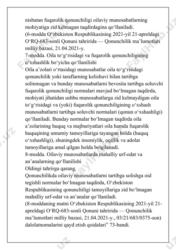 di. 15-modda. nikoh yoshi oldingi tahrirga qarang. nikoh yoshi erkaklar va ayollar uchun o‘n sakkiz yosh etib belgilanadi. uzrli sabablar bo‘lganida, alohida hollarda (homiladorlik, bola tug‘ilishi, voyaga yetmagan shaxsning to‘la muomalaga layoqatli deb e’lon qilinishi (emansipatsiya), nikohga kirishni xohlovchilarning iltimosiga ko‘ra nikoh davlat ro‘yxatidan o‘tkaziladigan joydagi tuman, shahar hokimi nikoh yoshini ko‘pi bilan bir yilga kamaytirishi mumkin. 16-modda. nikoh tuzishga monelik qiladigan holatlar nikoh tuzishga: loaqal bittasi ro‘yxatga olingan boshqa nikohda turgan shaxslar o‘rtasida; nasl-nasab shajarasi bo‘yicha to‘g‘ri tutashgan qarindoshlar o‘rtasida, tug‘ishgan va o‘gay aka-ukalar bilan opa-singillar o‘rtasida, shuningdek farzandlikka oluvchilar bilan farzandlikka olinganlar o‘rtasida; loaqal bittasi ruhiyat buzilishi (ruhiy kasalligi yoki aqli zaifligi) sababli sud tomonidan muomalaga layoqatsiz deb topilgan shaxslar o‘rtasida yo‘l qo‘yilmaydi. 17-modda. nikohlanuvchi shaxslarni tibbiy ko‘rikdan o‘tkazish oldingi tahrirga qarang. nikohlanuvchi shaxslar davlat sog‘liqni saqlash tizimi muassasalarida bepul asosda tibbiy ko‘rikdan o‘tadilar. tibbiy ko‘rikdan o‘tish hajmi va tartibi o‘zbekiston respublikasi vazirlar mahkamasi tomonidan belgilanadi. 18-modda. er-xotin …