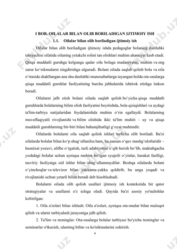 ar o‘qib berish bo‘lib, maktabgacha yoshdagi bolalar uchun ayniqsa muhim bo‘lgan syujetli o‘yinlar, harakat faolligi, tasviriy faoliyatga oid ishlar bilan shug‘ullanmaydilar. boshqa oilalarda bolani o‘yinchoqlar va televizor bilan yakkama-yakka qoldirib, bu unga yoqadi va rivojlanishi uchun yetarli bilim beradi deb hisoblashadi. bolalarni oilada olib qolish usullari ijtimoiy ish kontekstida bir qator strategiyalar va usullarni o'z ichiga oladi. quyida ba'zi asosiy yo'nalishlar keltirilgan: 1. oila a'zolari bilan ishlash: oila a'zolari, ayniqsa ota-onalar bilan muloqot qilish va ularni tarbiyalash jarayoniga jalb qilish. 2. ta'lim va treninglar: ota-onalarga bolalar tarbiyasi bo'yicha treninglar va seminarlar o'tkazish, ularning bilim va ko'nikmalarini oshirish. 3. psixologik yordam: ota-onalarga psixologik qo'llab-quvvatlash va maslahatlar berish, ularning stress va muammolarini hal qilishda yordam berish. 4. ijtimoiy xizmatlar: ijtimoiy xizmatlar orqali moliyaviy va resurslar bilan ta'minlash, ota-onalarga yordam berish. 5. oila ichidagi muhitni yaxshilash: oila ichidagi ijtimoiy muhitni yaxshilash, sog'lom muloqot va munosabatlarni rivojlantirish. 6. jamoatchilik bilan hamkorlik: mahalliy jamoatchilik va …
