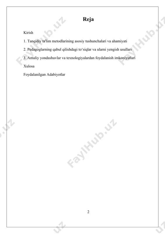 bi to‘siqlar mavjud bo‘lib, ular tanqidiy metodlarni keng joriy etishda muhim rol o‘ynaydi. bundan tashqari, o‘qituvchilarning yangi metodlarni qabul qilishdagi psixologik qarshiliklari va o‘rtadagi tajriba almashuvining cheklovlari ham muhim omil hisoblanadi. hozirgi vaqtda, pedagoglarning tanqidiy ta'lim metodlarini qabul qilish darajasini oshirish uchun turli-tri treninglar, seminarlar va innovatsion dasturlar tashkil etilmoqda. bu jarayonlarni muvaffaqiyatli amalga oshirish uchun ta'lim muhitlarini moslashtirish, texnologiyalardan foydalanishni rivojlantirish hamda pedagoglarning motivatsiyasini oshirishga qaratilgan tashabbuslar muhim ahamiyat kasb etadi. i. tanqidiy ta'lim metodlarining asosiy tushunchalari va ahamiyati tanqidiy ta'lim metodlari hozirgi zamonaviy pedagogik yondashuvlarning muhim qismi sifatida keng miqyosda qabul qilinmoqda. bu metodlar talabalarni faqatgina ma'lumot bilan ta'minlashdan ko'ra, ularning fikrlash qobiliyatlarini rivojlantirishga, muammolarni tahlil qilishga, muqobil fikr yuritish va mustaqil qarorlar qabul qilish ko'nikmalarini shakllantirishga qaratilgan. bu yondashuvlarning asosiy maqsadi – o'quvchilarda tanqidiy fikrlashni rivojlantirish, ularni zamonaviy muammolarga yondashishda faol va mustaqil bo'lishga tayyorlashdir. tanqidiy ta'lim metodlarining tushunchasi avvalo, muammo yoki vazifa asosida o'qitish tamoyillariga asoslanadi. …