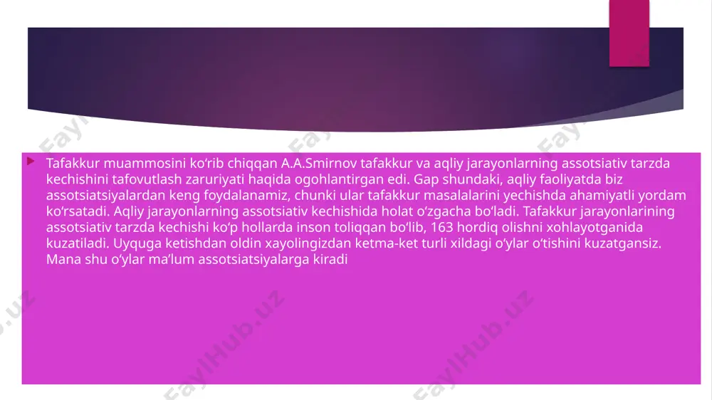 lda ularni muammoni hal etishga safarbar qilish. 5. antitsipatsiya (lat. – oldindan sezish) voqealar rivojini oldindan ko‘ra bilish, oldindan sezishni bildiradi. inson voqealar rivojini oldindan ko‘ra bilish, ularning natijalarini bashorat qilish, muammo yechimining ehtimolligi chizmasini tasavvur qilish qobiliyatiga ega 6. tafakkur refleksivligi. fikrlovchi subyekt doimiy refleksiya holatida bo‘ladi, o‘z mulohazalarini aks ettiradi, ularni tanqidiy baholaydi, o‘zini baholash mezonlarini ishlab chiqadi. refleksiya deb subyektning o‘zini aks ettirishi bilan birga muloqotda bo‘ladigan sheriklarini ham o‘zaro aks ettirishiga aytiladi. tafakkur mazmundorligi deganda insoning tevarakatrofdagi moddiy voqelik to‘g‘risida ongda qay miqdorda, ko‘lamda mulohazalar, muhokamalar, fikrlar, muammolar, tushunchalar joy olganligi nazarda tutiladi. insonda sanab o‘tilgan xarakterdagi g‘oyalar to‘lib-toshsa, shunchalik tafakkur mazmundor bo‘ladi. kishilar bir-birlaridan birinchi navbatda tafakkurning mazmundorligi bilan tafovutlanadi tafakkurning chuqurligi deganimizda moddiy dunyodagi narsa-hodisalarning asosiy qonunlari, qonuniyatlari, xossalari, sifatlari ularning o‘zaro bog‘lanishlari, munosabatlari, tafakkurimizda to‘liq aks etganligini tushunishimiz kerak. tafakkurning kengligi o‘zining mazmundorligi, chuqurligi kabi sifatlari bilan muntazam aloqada bo‘ladi. insonlardagi narsa va …
