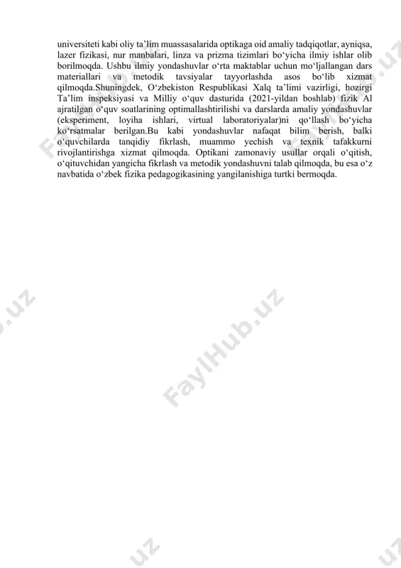 lib tajriba yoʻli bilan yorugʻlik bosimini aniqladi. 1888-yilda g. gers vakuumda tarqalayotgan elektromagnit maydonning tezligi yorugʻlik tezligiga teng ekanligini aniqladi va j. maksvell nazariyasini tajriba yoʻli bilan tasdikladi. yorugʻlikning modsalar bilan taʼsirlashuvini 19-asr 90-yillarida juda koʻp olimlar, jumladan, nemis olimi e. drude, g. gelmgols va g. a. lorents tekshirdilar. lorents modda va yorugʻlikning elektromagnit nazariyasini yaratdi. shu nazariya asosida o.dagi qator hodisalarni, mas, yorugʻlikning dispersiya hodisasi, dielektrik singdiruvchanlik ye ning elektromagnit toʻlqin uzunligi x ga bogʻliq boʻlishi va hokazoni tekshirish va tushuntirish mumkin boʻldi. klassik elektron nazariya ayrim optik hodisalarni tushuntirib bera olmadi va nazariya natijalari tajriba natijalariga, mas, mutlaq qora jismning issiklik nurlanishi spektrida energiya taqsimoti va boshqalarga mos kelmay qoldi. bunday qiyinchilikni bartaraf qilish uchun m. plank yorugʻlikning kvant nazariyasini yaratdi (1900). o.ning keyingi rivojlanishi kvant mexanika nazariyalari bilan bogʻliq. fotoeffekt hodisasi uchun plank nazariyasini a. eynshteyn rivojlantirib, yorugʻlik kvanti – foton tushunchasini fanga kiritdi (1905). yorugʻlikning elektromagnit …