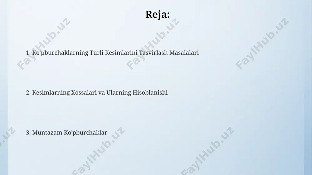 chakning yon tomon uzunligiga bog'liq bo'lib, masalan, 4 sm yonli sakkizburchakda 5,66 sm ga teng bo'ladi. perpendikulyar kesmalar muntazam 6 burchakli ko'pburchakning markazidan o'tuvchi va uning qarama-qarshi tomonlarini bog'laydigan to'g'ri chiziq bo'ylab olinganda, teng yonli uchburchak hosil qiladi. bu geometriya darsliklarida, masalan, toshkentdagi 5-maktabda o'rganiladi. perpendikulyar kesimlar yordamida, masalan, 10 burchakli muntazam ko'pburchakning turli xil kesmalarini tahlil qilib, samarqanddagi tarix muzeyidagi 15-asrga oid miniatyuralarda tasvirlangan geometrik naqshlarning yaratilish mexanizmlarini tushunish mumkin. parallel kesimlar parallel kesmalar muntazam 6 burchak (olti burchak) ning qarama-qarshi tomonlariga parallel o'tkazilsa, hosil bo'lgan kesmalar shuningdek muntazam olti burchaklar bo'ladi, masalan, bu moskva geometriya institutida o'rganiladi. parallel kesmalar yordamida muntazam n-burchakning har xil o'lchamdagi n-burchaklar hosil qilish mumkin. masalan, 12 burchakli muntazam ko'pburchakning 3 ta parallel kesimi orqali 4 ta har xil o'lchamdagi 12 burchaklar hosil qilish mumkin, bu toshkentdagi texnik universitetlarda geometriya darslarida o'rganiladi. agar muntazam 8 burchak (sakkiz burchak) ning parallel kesmalari uning markazidan 3 …