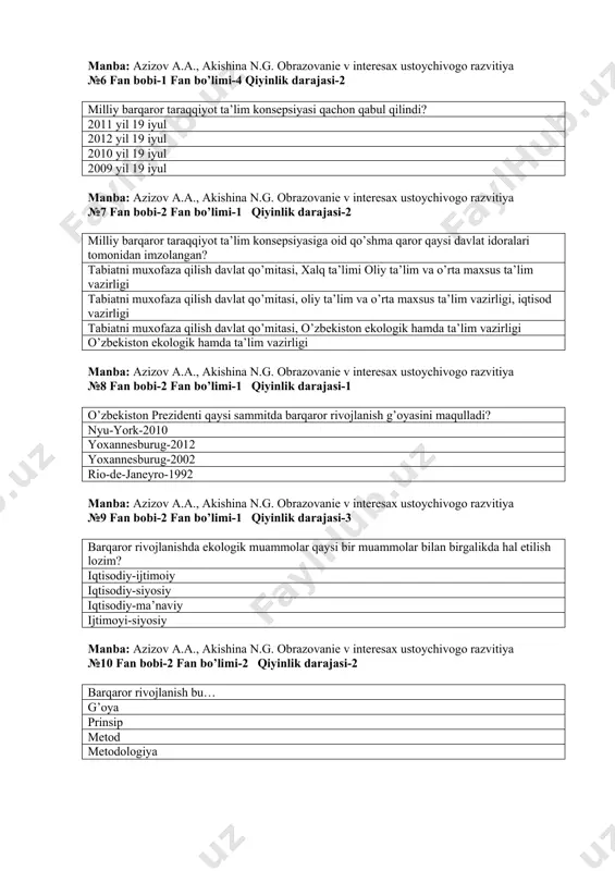 kologik hamda ta’lim vazirligi o’zbekiston ekologik hamda ta’lim vazirligi manba: azizov a.a., akishina n.g. obrazovanie v interesax ustoychivogo razvitiya №8 fan bobi-2 fan bo’limi-1 qiyinlik darajasi-1 o’zbekiston prezidenti qaysi sammitda barqaror rivojlanish g’oyasini maqulladi? nyu-york-2010 yoxannesburug-2012 yoxannesburug-2002 rio-de-janeyro-1992 manba: azizov a.a., akishina n.g. obrazovanie v interesax ustoychivogo razvitiya №9 fan bobi-2 fan bo’limi-1 qiyinlik darajasi-3 barqaror rivojlanishda ekologik muammolar qaysi bir muammolar bilan birgalikda hal etilish lozim? iqtisodiy-ijtimoiy iqtisodiy-siyosiy iqtisodiy-ma’naviy ijtimoyi-siyosiy manba: azizov a.a., akishina n.g. obrazovanie v interesax ustoychivogo razvitiya №10 fan bobi-2 fan bo’limi-2 qiyinlik darajasi-2 barqaror rivojlanish bu… g’oya prinsip metod metodologiya manba: azizov a.a., akishina n.g. obrazovanie v interesax ustoychivogo razvitiya №11 fan bobi-2 fan bo’limi-1 qiyinlik darajasi-3 barqaror rivojlanish g’oyasini … boshchilgida komissiya ishlab chiqildi? g.x.bruntland n.f.reymers d.odum hamma javob to’g’ri manba: azizov a.a., akishina n.g. obrazovanie v interesax ustoychivogo razvitiya №12 fan bobi-9 fan bo’limi-1 qiyinlik darajasi-1 bmtning qaysi bir anjumanida ilk bor barqaror …