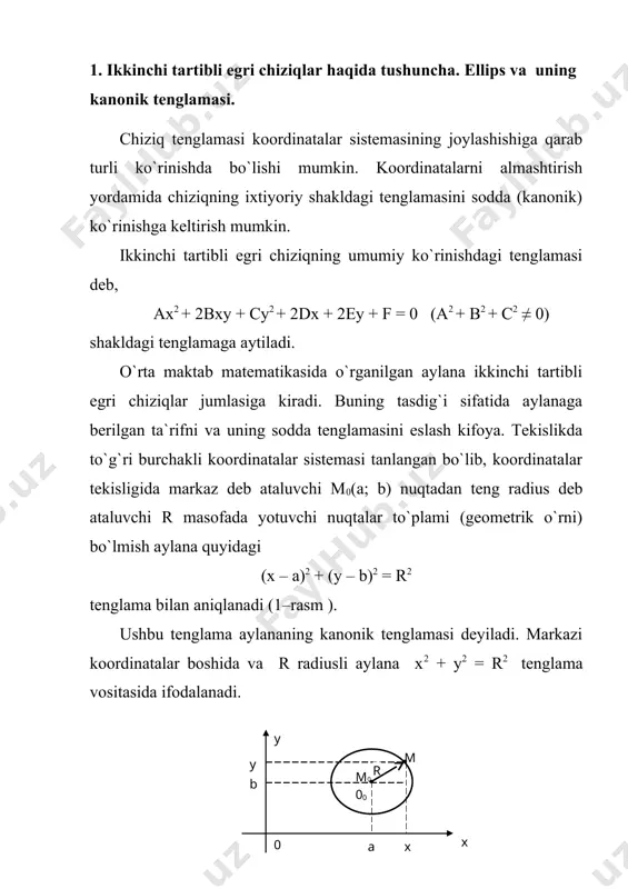 uyidagi kanonik ko`rinishga keladi , bu yerda b 2 = a 2 – c 2 ( a > c ). ushbu holda ellips fokuslari: f1(-c; 0), f2(c; 0) (2-rasm ). koordinatalar boshi 0 nuqta ellipsning simmetriya markazi, koordinata o`qlari esa uning simmetriya o`qlari hisoblanadi. a1(-a; 0), a2(a; 0), b1(0; -b), b2(0; b) nuqtalarga ellipsning uchlari, 0a2 = a va 0a1= b kesma uzunliklariga uning mos ravishda katta va kichik yarim o`qlari deyiladi. shunday qilib, ellips ikki simmetriya o`qlariga va simmetriya markaziga ega qavariq yopiq chiziqdir. kattalikka ellipsning ekstsentrisiteti deb ataladi va har qanday ellips uchun ε a). giperbola fokuslari: f1(-c; 0) va f2(c; 0) (4-rasm). 0 nuqta giperbolaning simmetriya markazi, koordinata o`qlari esa uning simmetriya o`qlaridir. giperbola abssissa o`qini haqiqiy uchlari deb ataluvchi a1(-a; 0) va a2(a; 0) nuqtalarda kesadi. 0a = a kattalik uning haqiqiy yarim o`qi deyiladi. b1(0; -b) va b2(0; b) nuqtalar giperbolaning mavhum uchlari deyilsa, 0b2 …