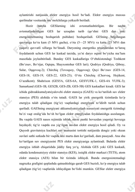 nergiya talab qiladigan (tigʻiz) vaqtlarida ishlaydigan boʻlishi mumkin. geslar elektr energiya berish bilan birga daryo oʻzanini loyqalanishdan asraydi, koʻplab ekin maydonlarini sugʻorishga imkon beradi. mgd – generator mgd-generator. energetikaning fizika-texnika masalalaridan biri, issiqlik energiyasini bevosita elektr energiyasiga aylantirib beruvchi magnitogidrodinamik generator (mgd-generator) yaratishdir. issiqlik energiyasini bevosita elektr energiyasiga aylantirish yoqilg’i manbalaridan foydalanish samaradorligini oshirish imkoniyatini beradi. zamonaviy elektr energetikasi uchun faradeyning elektromagnit induksiya qonuni kashf etilishi katta ahamiyatga ega bo’ldi. bu qonunga muvofiq magnit maydonda harakatlanayotgan o’tkazgichda induksiyalangan elektr yurituvchi kuch hosil bo’ladi. bu erda o’tkazgich qattiq, suyuq va gazsimon bo’lishi mumkin. ko’rilayotgan sxemada kuchli magnit maydonda joylashtirilgan, metal plastinkalar orasidan, zarrachalari yo’naltirilgan harakatdagi kinetik energiyasiga ega bo’lgan ionlangan gaz oqimi o’tkaziladi. elektromagnit induksii qonuniga muvofiq, generator kanali ichida va tashqi zanjir elektrodlari orasida elektr toki hosil qiluvchi eyuk hosil bo’ladi. ionlashgan gazlar-plazmalar elektrodinamik kuchlar ostida tormozlanadi. hosil bo’layotgan energiya, mana shu tormozlovchi kuchlarni engib o’tishda bajarilayotgan ish hisobiga sodir …