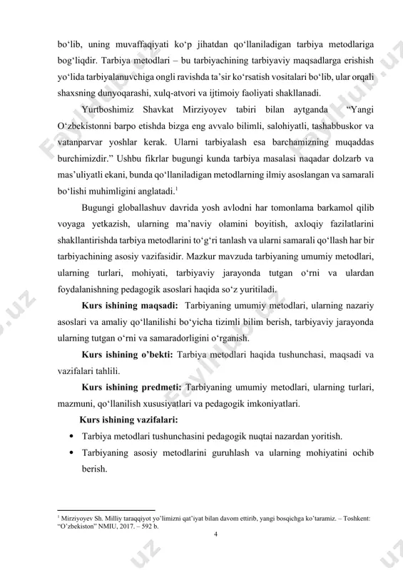 ni bildiradi.[footnoteref:2] [2: o’.m.asqarova, m.xayitboyev,m.s.nishonov “pedagogika” toshkent-2008] tarbiya insoniyat jamiyatining eng muhim ijtimoiy hodisalaridan biridir. har bir jamiyatning taraqqiyoti, uning kelajagi bo‘lgan avlod qanday tarbiya olishiga chambarchas bog‘liq. shu boisdan tarbiya masalasi tarix davomida barcha jamiyatlar, davlatlar, madaniyatlar e’tibor markazida bo‘lib kelgan. tarbiya bu – yosh avlodga ijtimoiy, axloqiy, aqliy, estetik, jismoniy, mehnatga oid qadriyatlar va ko‘nikmalarni ongli ravishda o‘rgatish, ularda muayyan shaxsiy fazilatlarni shakllantirish jarayonidir. tarbiya metodi esa aynan shu jarayonni amalga oshirish vositalari va usullarining yig‘indisi, ya’ni tarbiya maqsadini amalga oshirish yo‘llaridir. tarbiya metodlari tarbiya jarayonining ajralmas qismi bo‘lib, u orqali tarbiyachining ta’siri bolaning ongiga, xulq-atvoriga, faoliyatiga va munosabatlariga yo‘naltiriladi. tarbiya metodining asosiy maqsadi – shaxsda ijobiy xislatlarni shakllantirish, axloqiy qadriyatlarni singdirish, mustahkam dunyoqarash va hayotiy pozitsiyani vujudga keltirishdir. tarbiya metodlari orqali tarbiyachi bolaning qalbiga, ongiga, fikriga yo‘l topadi, uni hayotiy muammolarni hal eta oladigan, ongli, ijtimoiy faol, irodali shaxs qilib tarbiyalaydi. tarbiya metodlari ko‘p asrlik tarixga ega …
