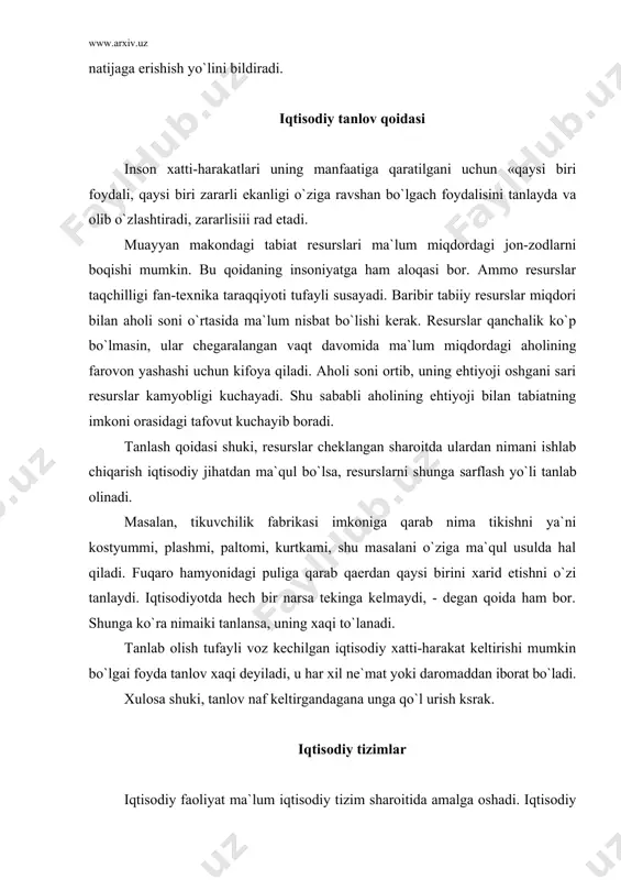 rmay qolgani uchun arxaik (eski) tizim deb baholanadi. bu tizimda qo`l mehnati hukmron, ishlab chiqarish natural xarakterga ega; mehnat unumdorligi va turmush darajasi g`oyat past. iqtisodiy aloqalar xo`jalikning o`z ichida yuz beradi. boshqalar bilan oldi-sotti munosabatlari bo`lmaydi. bu iqtisodiyot davlat siyosati ta`siridan holi bo`ladi. an`anaviy iqtisodiy tizim hali taraqqiy etmagan urug`-aymoqchilik sharoitida yashayotgan ba`zi afrika xalqlarida uchrab turadi. 2. sof bozor iqtisodiyoti tizimi. bu bozordaga talabni qondirishga qaratilgan,bozor orqali hamkorlikni taqozo etuvchi erkin va demokratik iqtisodiy tizim. u xususiy mulkchilik, bozor uchun ishlash, cheklanmagan iqtisodiy tanlov, naf ko`rish va raqobat kabi tamoyillarga asoslanadi. bozor tizimida daromad topish chegaralanmaydi, boy bo`lish taqiqlanmaydi, o`ziga to`q, farovon yashovchi odamlarning moddiy tengsizligi mavjud bo`ladi. bozor tizimi asosida tovar ishlab chiqarish va pul yotadi. bozor tizimi dunyoning hamma mamlakatlarida bor, lekin uning rivojlanish darajasi bir xil emas. 3. rejali yoki buyruqbozlik-ma`muriy iqtisodiyot tizimi. bu to`la-to`kis davlatlashtirilgan iqtisodiy tizimdir. uning asosi davlat mulki hisoblanadi, ishlab chiqarish …