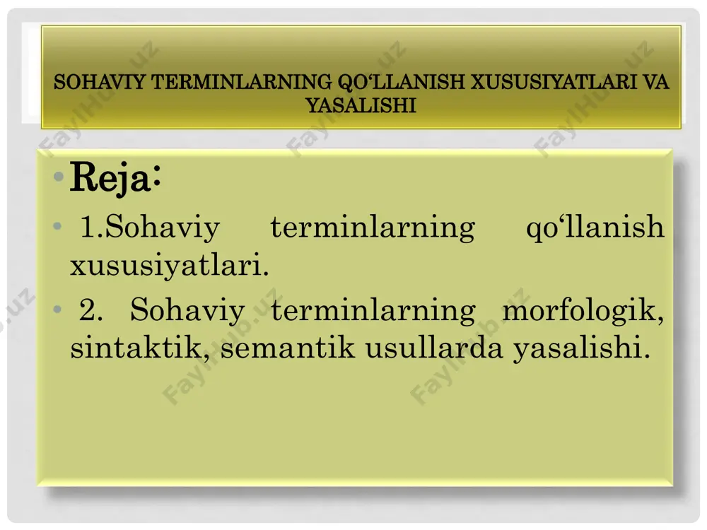 i pq-40 son qarori. • o„zbek tilining izohli lug„ati (5 jildli). – toshkent: o„zbekiston milliy ensiklopediyasi, 2005–2008. foydalanladigan adabiyotlar • axborot manbalari • https://lex.uz/docs • http://sahifa.tj/uzbeksko- russkij.aspx -uzbeksko-russkiy perevodchik. • http://library.ziyonet.uz/ - ta‟lim portali sohaviy leksikaning xususiyatlari • ilm-fan, teхnika, san‟at va boshqa sohalarga oid iхtisoslashgan, qo„llanishi muayyan soha bilan chegaralangan tushunchalarni ifodalaydigan nominativ birliklar sohaviy leksikani tashkil etadi. bunday birliklar muayyan sohaga yonalganligi va unga xos tushunchalarni anglatishiga koʻra tilshunoslikka oid ilmiy adabiyotlarda termin tushunchasi ostida qaraladi va chegaralanganlik kasb etadi. sohaviy leksika gulkosa, shona botanikada to„rtburchak, kvadrat geometriyada ega, kesim tilshunoslikda qofiya, turoq, vazn adabiyotshunoslikda qo`shuv, ayruv matematikada ukol, gipotoniya tibbiyotda aspirin, mezim farmatseftikada kameta, azon qatlami astronomiyada chastota, tezlik fizikada din, aqida, fiqx islomshunoslikda termin terminlarning mazmun tomonida (ichki formasida) muayyan soha tushunchalari ifodalangan bo„ladi: masalan: boshoq terminining mazmun tomonida “poya uchida o„sadigan to‟pgul yoki to„pmevaning bir хili” tushunchasi ifodalangan. shaklan so„zga teng termin aslida leksemaning o„zidir, …