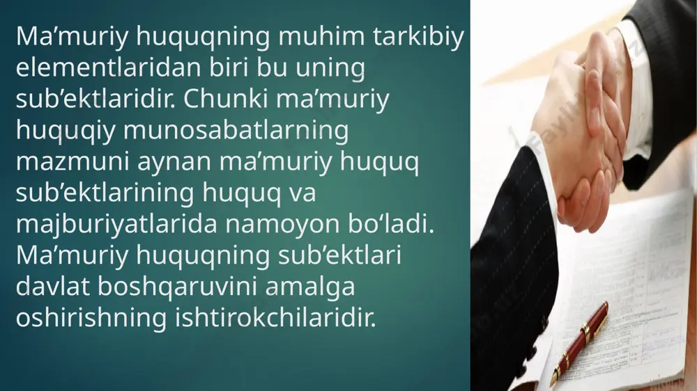 uqdan u foydalana olmaydi. buning uchun unga ma’muriy huquqning sub’ekti ega bo‘lishi lozim bo‘lgan ikkinchi element – ma’muriy muomala layoqati ham kerak bo‘ladi. ma’muriy huquq sub’ektining muomala layoqati bu shaxsning huquq layoqati orqali ega bo‘lgan davlat boshqaruviga oid huquq va majburiyatlarni mustaqil amalga oshira olish qobiliyati, layoqatidir. ma’muriy muomala layoqati shaxsning yoshiga qarab turli yillarda vujudga kelishi mumkin. masalan, u 6-7 yoshga kirganida o‘rta ta’lim maktabiga qatnab bilim olish huquqi (ayni paytda bu majburiyat ham)ni amalga oshiradi, 18 yoshga to‘lganida esa avtomobilni qonuniy boshqarish layoqatiga ega bo‘ladi va h.k. mazkur ikkita holatning bir-biridan farqi shundaki, birinchi misolimizda shaxsda muomala layoqati qisman, ikkinchisida esa to‘liq vujudga kelmoqda. muomala layoqati shaxs 18 yoshga yetganida to‘liq vujudga keladi. e’tiboringiz uchun raxmat image6.jpeg image7.jpeg image8.jpeg image9.jpeg image10.jpeg image11.jpeg image12.jpeg image13.jpeg image2.png image3.png image4.png image5.png