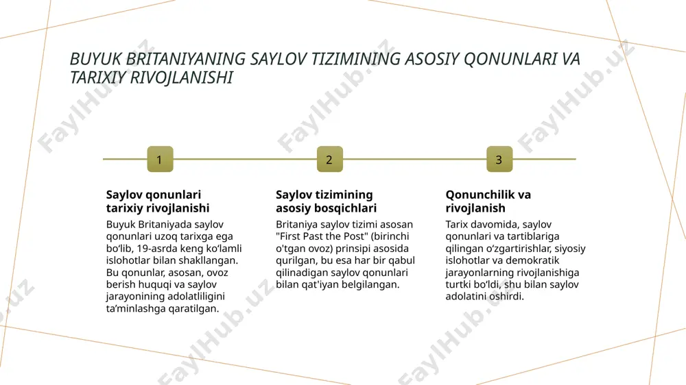 ular o’rtasida koalitsiya tuzish yoki raqobatlashish jarayonlari demokratik jarayonlarni kuchaytiradi va siyosiy muvozanatni ta’minlaydi. siyosiy partiyalar axborot tarqatish, saylov kampaniyalari va shuningdek, hukumat siyosatini belgilashda muhim instrument sifatida xizmat qiladi. ovoz berish tizimidagi muammolar va muqobil islohot imkoniyatlari 01 saylov tizimidagi muammolar britaniya saylov tizimida adolat va tenglik masalalari mavjud bo‘lib, ba'zi siyosiy partiyalar ko‘proq ta'sirga ega bo‘lishi mumkin. boshqa muammolar orasida saylovlarda qatnashuvning pastligi va ayrim hududlarda ovozlarning adolatli taqsimlanmasligi joy oladi. 02 muqobil islohotlar imkoniyatlari elektron ovoz berish va ko‘p saylov tizimlarini joriy qilish orqali saylovlar shaffofligini oshirish mumkin. shuningdek, ovoz berish jarayonini soddalashtirish va saylov qonunlarini yangilash muhim yechimlar sifatida ko‘rilmoqda. 03 yangi imkoniyatlar va yechimlar siyosiy partiyalar va hukumat yangi qonunlar orqali saylov tizimini rivojlantirishga intilmoqda. bu, shuningdek, ovoz berish jarayonining erkinligi va adolatliligini ta'minlash uchun muhim qadamdir. saylov jarayonida qatnashchilar: fuqaro, siyosiy partiyalar va saylov komissiyalari 1 fuqarolar roli saylovda qatnashadigan fuqaro davlat boshqaruvida ishtirok …