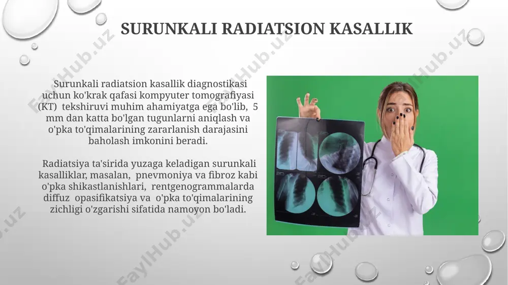 tida nodullar yoki granulomalar shakllanishi bilan ham namoyon bo'lishi mumkin. teri kasalliklarida, masalan, xrom bilan bog'liq dermatitda, teri qalinlashuvi va giperpigmentatsiya kuzatiladi, bu biopsiya orqali tasdiqlanadi va 70% hollarda allergik reaksiya bilan bog'liq. chang kasalliklari chang kasalliklari bilan og'rigan bemorlarda bronxlarning torayishi va emfizema belgilarini aniqlash uchun yuqori aniqlikdagi kompyuter tomografiyasi (kt) tekshiruvi qo'llaniladi, bunda 5 mm dan kichik o'zgarishlar ham aniqlanadi. chang kasalliklarida, silikoz kabi pnevmokoniozlarda, ko'krak qafasi rentgenogrammalarida 1-3 darajali diffuz nodullar va yurak-o'pka nisbatining o'zgarishi kuzatiladi, bu esa kasallikning og'irligiga bog'liq. e'tiboringiz uchun rahmat @taqdimot_robot image3.png image4.jpg image5.jpg image6.jpg image7.jpg image8.jpg image9.jpg image10.jpg image11.jpg image12.jpg image13.jpg image14.jpg image15.jpg image16.jpg image17.jpg image18.jpg image1.png