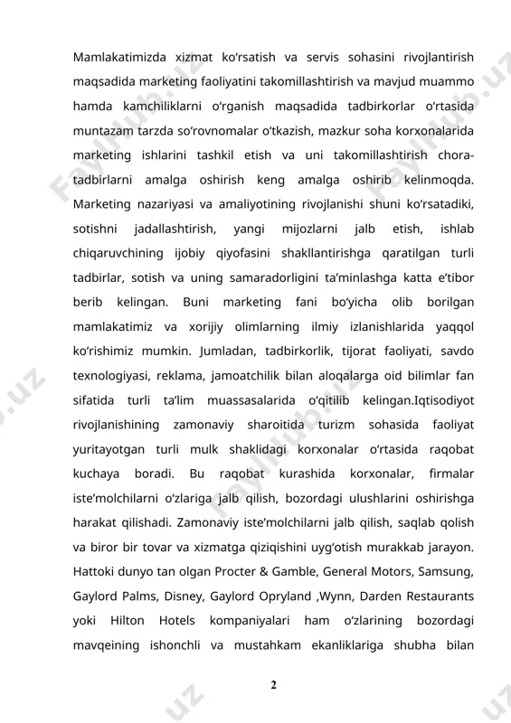 atuvlarni tashkil qilmoqdalar. globallashuv jarayonlarining kuchayishi, axborot va telekommunikatsiya tizimlarining rivojlanishi, raqobat muhitining tezlik bilan o‘zgarib borishi turistik korxonalar faoliyatiga ijobiy ta’sir etishi bilan birga ularning marketing tizimiga yangi talablar qo‘yadi. bu esa ushbu bilamlarni o‘zida mujassamlashtirgan bilimlar tizimini vujudga keltirgan. kurs ishining maqsad va vazifalari: “brend” tushunchasi turlari va brendni yaratish bosqichlari, brending va uning turizmda marketing kommunikatsiyasini shakllantirish yo‘nalishi haqidagi ma’lumotlarni umumlashtirish va qisqacha tavsiflash. turizm sohasida brend va brending ahamiyati va vazifalari, turistik brendni ishlab chiqishni o’rganish va tahlil qilish. kurs ishi ob’yekti va predmeti: “brend” tushunchasi turlari va brendni yaratish. brending va uning turizmda marketing kommunikatsiyasini shakllantirish yo‘nalishlari. turizm sohasida brend va brending ahamiyati va vazifalari. turistik brendni ishlab chiqish. kurs ishning tadqiqot uslubi va uslubiyoti: ilmiy ommabop manbalardan to’plangan ma’lumotlar tahlil qilib,xulosa va takliflar qilish. kurs ishi tuzilishi: bajarilgan kurs ishi kirish qismi, ikkita bobdan va qilingan xulosalardan iborat. ishda o’rganilishi e’tiborga olingan ma’lumotlar tushunarli …