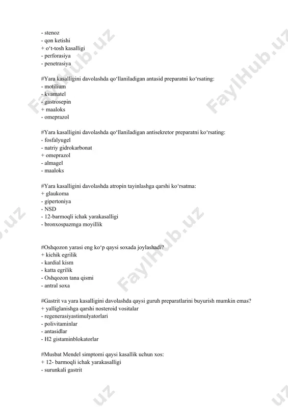 avo - noselektiv m-xolinoblokatorlar - antasid preparatlarni doimiy qabul qilish #oshqozon shilliq qavatini ximoya qiluvchi omillar: + mukoproteidlar va bikarbonatlar - xlorid kislotasi - h. pylori - kasl ichki omili - oshqozon parietal xujayralariga antitanalar #surunkali gastrit qoʻzish davridagi klinik belgisini koʻrsating: - sitolitik sindrom - xolestatik sindrom - portal gipertenziyasindromi - oshqozon dispepsiyasi sindromi + malabsorbsiya sindromi #h. pylori infeksiyasini aniqlash usuliga kirmaydi: - ureaza testi (klo-test) - serologik test - oshqozon shilliq qavati bioptatidan h. pylori ni ajratish - najasda h. pylori antigenlarini aniqlash + oshqozoning bariy bilan rentgenografiyasi #autoimmun gepatitning etiologik omili: - jigar tomirlari endoteliysi zararlanishi - gepatit b virusi - gepatit s virusi + noma'lum - dori preparatlari qabul qilish #surunkali gepatit c uchun xarakterli: + surunkaliga oʻtish xavfi yuqori - koʻpincha virusli gepatit d bilan assosirlanadi - jarayonning yuqori faollig - xolestatik sindrom - patogeneziimmun reaksiyalar bilan bog‘liq #gepatit b virusi replikasiyasi fazasi xarakterlanadi: …