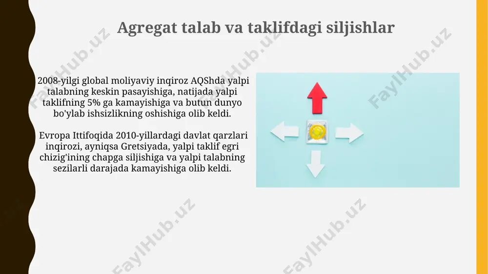 ion dollar. umumiy talab va taklif modelining amaliy qo'llanilishi 2022-yilda aqshda inflyatsiyaning 8% ga o'sishi, umumiy talab va taklif modelini qo'llab, hukumatning pul-kredit siyosatini qayta ko'rib chiqishiga olib keldi. xitoyning 2024-yil uchun yalpi ichki mahsulot (yaim) prognozi, umumiy talab va taklif modelidan foydalanib, eksportning 5% ga kamayishi va ichki iste'molning 7% ga o'sishi hisobga olingan holda tuzildi. pul-kredit siyosati va agregat talab va taklif o'zbekistonda 2017-yildan beri amalga oshirilayotgan pul-kredit siyosati inflyatsiyani 10% dan 12% gacha kamaytirishga va 5% atrofida barqarorlashtirishga qaratilgan bo'lib, bu agregat talab va taklifning muvozanatini ta'minlashga yordam beradi. evropa markaziy banki 2015-yilda, yevropa iqtisodiyoti past o'sish sur'atlarida bo'lganida, keng miqyosdagi kvantativ yumshatish dasturini ishga tushirdi, bu esa 1 trillion evrodan ortiq aktivlarni sotib olish va agregat talabni oshirish orqali iqtisodiy faoliyatni rag'batlantirishga qaratilgan edi. fiskal siyosat va agregat talab va taklif 2008-yildagi global moliyaviy inqiroz davrida aqsh hukumati tomonidan amalga oshirilgan keng ko'lamli fiskal stimullar, agregat …
