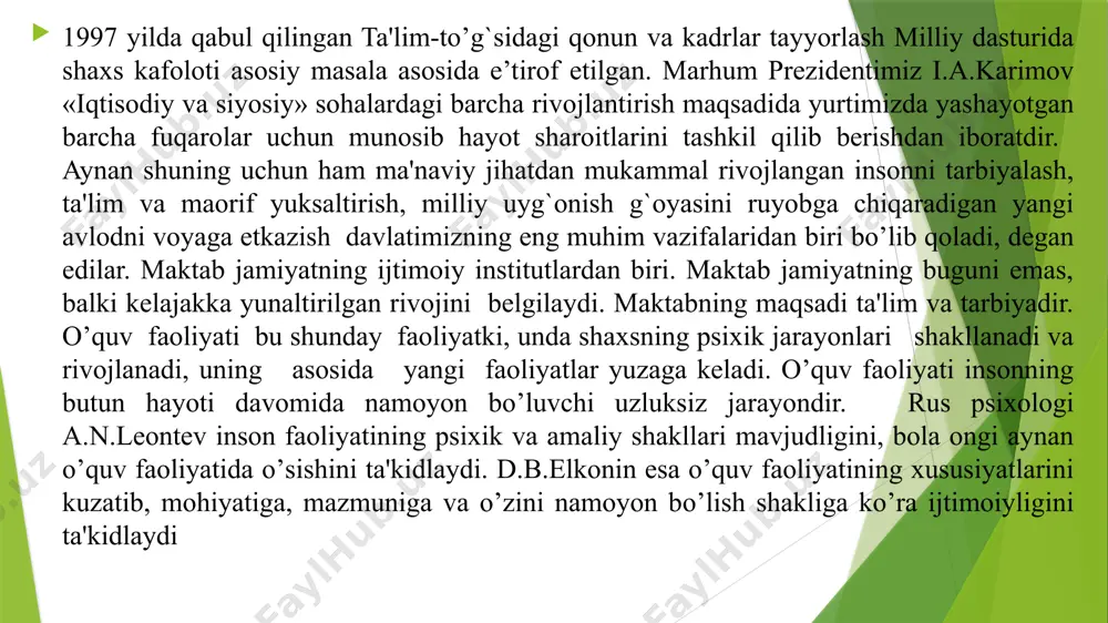 ini o’quvchilarga o’rgatish jarayonidir. ta'lim jarayoni bevosita muayyam axborotni, harakatlarni, xulq-atvorning shakllarini o’zlashtirishga qaratilgandir. o’qish va o’rgatish tushunchalari o’quv faoliyati bilan bog`liq bo’lib, ular bilim, ko’nikma va malakalarni o’zlashtirishga, o’rgatishga xizmat qiladi. o’quv faoliyatining besh elementi mavjud: 1. o’quv motivlari, 2. o’quv topshiriqlari. 3. o’quv harakatlari. 4. o’qituvchining nazorati. 5. o’qituvchining baholashi. d.b.elkoninning ta'kidlashicha, o’quv faoliyatining shakllantirilishi bu faoliyat ayrim kishilar bajarilishini asta-sekinlik bilan o’quvchining o’ziga o’qituvchining ishtirokisiz mustaqil bajarish uchun o’tkazilishidir. ta'lim jarayoni alohida tashkil etiladigan hamda boshqariladigan faoliyat bo’lib, u o’quvchilarning o’quv faoliyatlarini tashkil etadi va ularni boshqaradi. ta'lim jarayoni besh elementdan iborat: 1. ta'limnshg maqsadi - nima uchun o’qitish kerak? 1. ta'limning mazmuni - nimaga o’qitish kerak? 3. ta'limning metodlari, usullari va pedagogik muloqot yo’llari. 4. ta'lim beruvchi. 5. o’quvchi. ta'lim jarayonini tashkil etish ideal va amaliy faoliyatning u yoki bu turini muvaffaqiyatli tashkil etish uchun zarur bo’lgan tashqi olamning muhim ahamiyatli xossalari xususidagi axborotning o’zlashtirilishi: faoliyatning …