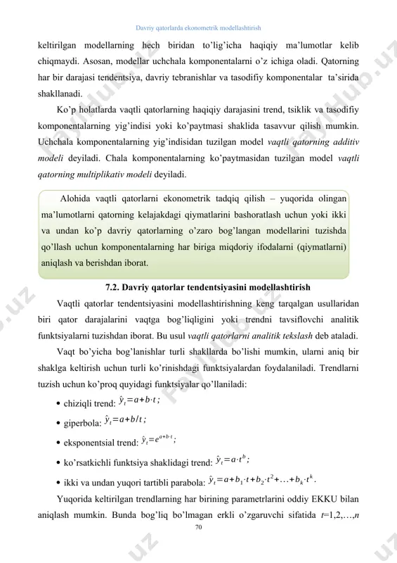 lgan usullaridan biri qator darajalarini vaqtga bog’liqligini yoki trendni tavsiflovchi analitik funktsiyalarni tuzishdan iborat. bu usul vaqtli qatorlarni analitik tekslash deb ataladi. vaqt bo’yicha bog’lanishlar turli shakllarda bo’lishi mumkin, ularni aniq bir shaklga keltirish uchun turli ko’rinishdagi funktsiyalardan foydalaniladi. trendlarni tuzish uchun ko’proq quyidagi funktsiyalar qo’llaniladi: · chiziqli trend: · giperbola: · eksponentsial trend: · ko’rsatkichli funktsiya shaklidagi trend: · ikki va undan yuqori tartibli parabola: yuqorida keltirilgan trendlarning har birining parametrlarini oddiy ekku bilan aniqlash mumkin. bunda bog’liq bo’lmagan erkli o’zgaruvchi sifatida t=1,2,…,n vaqt, bog’liq o’zgaruvchi sifatida vaqtli qatorning haqiqiy darajalari olinadi. chiziqli bo’lmagan trendlar uchun avval ularni chiziqli holatga keltiruvchi standart amallar bajariladi. tendentsiya turlarini aniqlashning bir qancha usullari mavjud. eng ko’p tarqalgan usullar qatoriga o’rganilayotgan jarayonni sifat jihatidan tahlil qilish, qator darajalarini vaqtga bog’liqligi grafigini qurish va uni tahlil qilish, dinamikaning ayrim asosiy ko’rsatkichlarini hisoblash usullarini kiritish mumkin. tendentsiya turlarini aniqlashda qator darajalarining avtokorrelyatsiya koeffitsientlarini qo’llash mumkin. …