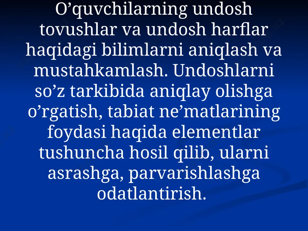 qlatiladi. undosh tovushlar yod ayttiriladi. 5.darsni yakunlashda kesma harflar ichidan undosh tovushini ifodalovchi undosh harflarni ajratib olib ko’rsatish va o’qish topshirig’i beriladi. undosh tovushlarga qoida chiqariladi:undosh tovushlar og’izda to’siqqa uchraydi,qisqa aytiladi,ovoz va shovqindan hosil bo’ladi. 6.o’quvchilarni rag’batlantirish.