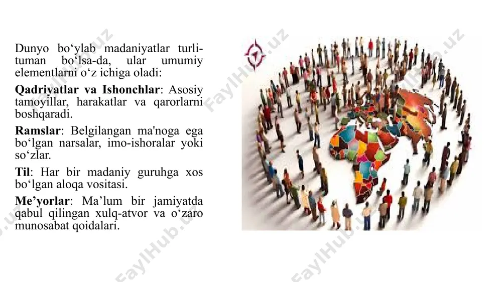 yat - bu mahalliy yoki qishloq jamoalarida avloddan-avlodga o‘tib keladigan an’anaviy urf-odatlar, rasm-rusumlar va e’tiqodlardan iborat. ushbu urf-odatlar ko‘pincha ma’lum bir hudud yoki etnik guruhga xos bo‘lib, mahalliy tarix, atrof-muhit va ijtimoiy tuzilmalarni aks ettiradi. misol: aqshdagi amish jamoasi oddiylik va o‘z-o‘zini ta’minlashga katta ahamiyat beradigan bir folk madaniyatga ega bo‘lib, zamonaviy texnologiyadan voz kechib, an’anaviy hayot tarzini davom ettiradi. submadaniyatlar submadaniyatlar katta madaniyat ichida o‘ziga xos qiziqishlari, e’tiqodlari yoki hayot tarziga ega bo‘lgan guruhlardir. ushbu guruhlar o‘ziga xos me’yorlar, ramslar va an’analar yaratib, kengroq jamiyatning bir qismi bo‘lib qoladi. misol: aqshdagi skateboarding madaniyati o‘z uslubi, tili va madaniyati bilan ajralib turadi. skeytbordchilar o‘zlarining maxsus terminlari, texnikalari va kiyinish uslubiga ega. qarama-qarshi madaniyatlar qarama-qarshi madaniyatlar submadaniyatlardan farqli o‘laroq, asosiy jamiyatning qabul qilgan normalari va qadriyatlariga faol qarshi chiqadi. ular ko‘pincha hukmron madaniyatga nisbatan muqobil turmush tarzini shakllantirishga harakat qiladi. misol: 1960-yillarda hippi harakati amerika jamiyatining an’anaviy qadriyatlariga qarshi chiqib, tinchlik, …