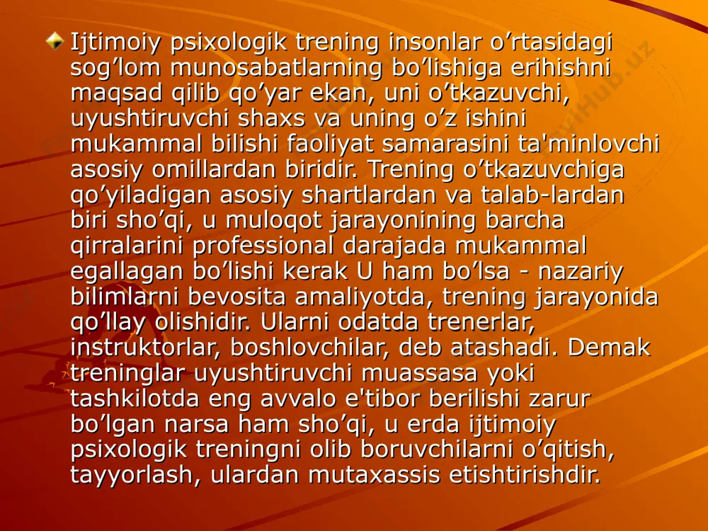 ovlarda ishtirok etgan bo’lishi va unda uning kommunikativ maxrrati, o’z-o’zini nazorat qila olish qobiliyati, bosikligi, xissiyotlarning mukobilligi, ularga ma'lum ma'noda turgunlik xos bo’lishi shart. tanlovni umuman xolis ekspertlar o’tkazib, trenerlarni tayyorlash kurslari ham nisbatan o’zok muddatga muljallangan mashg’ulotlar tizimidan iborat bo’ladi.ishda samarali muloqotga erihish uchun quyidagi omillar xisobga olinishi maqsadga muvofik shunday qilib, ijtimoiy psixologik treningning samaradorligi bir tomondan, ishtirokchilarning faol «atnahishlari va o’zlarini erkin xis qilishlariga boglik bo’lsa, ikkinchi tomondan, bu narsa, boshlovchi -trener shaxsining xususiyatlariga bevosita boglikdir. huning uchun ham trener yosh bo’lsa va unda ijtimoiy psixologik trening o’tkazish tajribasi etishmasa, u o’ziga xos va moe auditoriyami topib ishlashi, birdaniga kattalar guruxida, noma'lum kishilar bilan ishlashdan o’zining tiyishi kerak chunki agar u o’z amaliy faoliyati boshidayok maglubiyatga uchrasa, keyinchalik u xech qachon trening mashg’ulotlari o’tkaza olmasligi mumkin. bu unda shaxsiy tushkunlikni keltirib chiqarib, o’zi yordamga muxtoj bo’lib soladi. boshlovchi ham o’z faoliyatining amalga oshirishida yo’qoryda ta'kidlanganidek iptning turli …