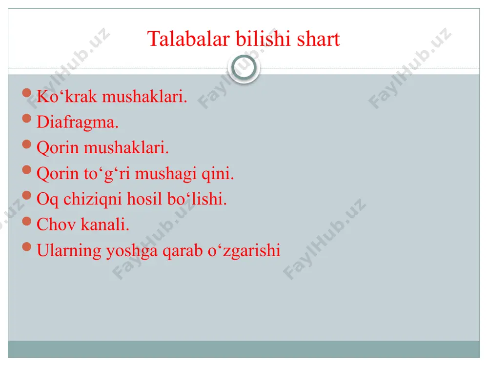 ng pastki teshigini o'ragan suyaklardan boshlanadi. uning boshlanish sohasiga qarab uch: bel, qovurg'a va to'sh qismlari tafovut qiladi. mushak tolalari tashqaridan o'rtaga qarab radiar yo'nalib, pay markazni (centrum tendineum) hosil qiladi. diafragmaning bel qismi (pars lumbalis) bel umurtqalarining oldingi yuzasidan o'ng va chap oyoqchalar (crus dextrum et crus sinistrum) bilan boshlanadi. yuqori tomonda oyoqchalar o'zaro birikib, aorta teshigini (hiatus aorticus) hosil qiladi. u orqali aorta va ko'krak limfa yo'li o'tadi. aorta teshigining cheti fibroz halqa bilan o'ralgan bo'lib, diafragma qisqarganida aortani siqilishdan saqlaydi. bu teshikdan yuqoriroq va chapda diafragma oyoqchalarining mushak tolalari yana kengayib, qizilo'ngach va adashgan nerv o'tadigan qizilo'ngach teshigini (hiatus esophageus) hosil qiladi. o'ng va chap diafragma oyoqchalarining mushak tolalari o'rtasidan simpatik poya, katta va kichik ichki a’zolar nervi, o'ng tomondan toq va chap tomondan yarim toq venalar o'tadi. image3.png image4.png image5.png image6.png image7.png image8.png image9.png image10.png /docprops/thumbnail.jpeg