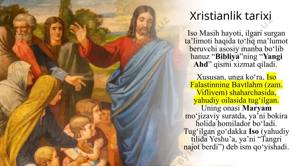 ik diniga kiritish) yevxaristiya (non va vino tamaddi qilish) ruhoniylik unvonini berish tavba qilish miro surtish yeley moyi surtish nikoh cho‘qintirish (крещение – suvga botirish) xristianlik ta’limotiga ko‘ra, cho‘qintirish orqali kishi dinga qabul qilinadi, ya’ni cherkov a’zosiga aylanadi. bu marosim insonni uch marotaba suvga botirish yoki boshidan suv quyish bilan birga, ruhoniy tomonidan maxsus so‘zlarni aytish orqali amalga oshiriladi. injilga ko‘ra, cho‘qintirish va muqaddas ruhning kelishi osmondan tug‘ilishning maxsus shartlaridan biridir. suvga botirish marosimi birinchi bo‘lib ioann tomonidan amaliyotda qo‘llangan. cho‘qintirish marosimi xristian dinining eng muhim va asosiy marosimlaridan biridir. bu marosim asosan cherkovda o‘tkaziladi. xristianlar e’tiqodiga ko‘ra, inson tug‘ma gunohkor bo‘lib tug‘iladi va undan forig‘ bo‘lish uchun muqaddas suv yordamida poklanadi. shundan so‘ng poklangan bola cherkov a’zoligiga qabul qilinadi. xristianlikning har bir yo‘nalishida cho‘qintirish marosimi turlicha talqin etiladi. pravoslav va katolik cherkovlarida cho‘qintirish sirli marosim sifatida e’tirof etiladi. xristianlikda cho‘qintirish marosimi milodning i asri oxirlarida paydo bo‘lgan. iv asrda …