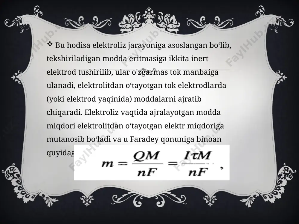 bunda ish elektrodi sifatida simob va boshqa metall hamda grafit kabi mikroelektrodlar ishlatiladi. ish elektrodi sifatida tomchilaydigan simob ishlatiladigan usul polyarografiya deb ataladi. bu usul 1922-yilda chex olimi ya.geyrovskiy tomonidan kashf etilgan. voltamperometriyaning yana bir ko'rinishi — amperometrik titrlash ham ya.geyrovskiy tomonidan 1927-yilda taklif etilgan . polyarografik tahlil usulida tomchilaydigan simob elektrodi sirtida tekshiriladigan moddaning qaytarilishi natijasida yuzaga keladigan tokning elektrodlarga berilgan potensialga bog'liqligi o'rganiladi. bu bog'liqlik polyarograf yordamida tekshiriladi polyagrofik qurimani tuzilishi a-idish tubidagi simob anodi k-tomchilaydigan simob katodi r-reoxerd g-galvonometriya v-tok manbayi tashqi tok manbai (v) va reostat (r) orqali tomchilaydigan simob elektrodi (k) va yordamchi elektroddan (a) iborat galvanik zanjirga +0,3/-2,0 v oralig'idagi istalgan kuchlanishni berish mumkin. bunda zanjirdan tok o'tadi, u sezgir galvanometr (g) yordamida o’lchanadi. moddaning voltamper egri chizigini hosil qilish uchun kuchlanishni sekin-asta o‘zgartirish va har bir kuchlanish qiymatiga to‘g‘ri kelgan tok kuchini yozib borish kerak. tekshiriladigan modda eritmasi oson qutblanuvchi kichik yuzaga ega …