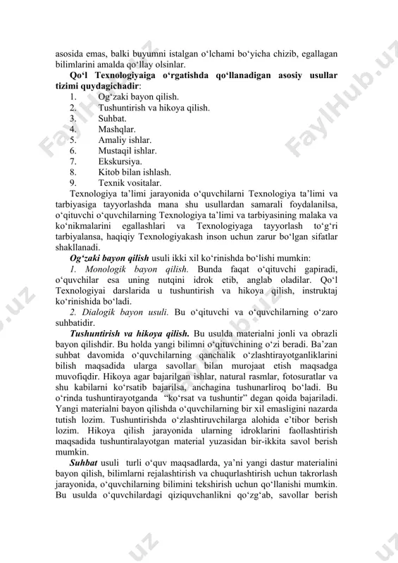 amaliy topshiriqlarni tanlash texnologiya tayyorgarligini nazariy va amaliy saviyasini ko‘tarish vazifalariga bo‘ysundirilishi kerak. o‘quvchilarga berilgan topshiriqlar ularni ijodiy izlanish, ta’lim olish va adabiyotlar bilan ishlash malakasini shakllantirishi lozim. boshlang‘ich sinflarda ish materiallarining mazmuni, hajmi va usullari o‘quvchilarning tayyorgarlik bosqichiga mos kelishi zarur. o‘quv materiallarini o‘quvchilarga yetkazib berishda faqat soddalashtirish yo‘li bilan borish maqsadga muvofiq bo‘lmaydi. bunday yo‘l bilan borish o‘quvchilarning aqliy rivojlanishini ta’minlay olmaydi. har bir mavzuni o‘rganishda soddadan murakkabga qarab borish maqsadga muvofiqdir. ko‘pgina o‘qituvchilar o‘qitishning turli metod va usullarini qo‘llab, shunungdek, sinfdan tashqari ishlarni qiziqarli tashkil etib, yaxshi o‘zlashtirish natijalariga erishmoqdalar va bilimga muhabbat hamda qiziqishlarini singdirmoqdalar. bunday o‘qituvchilar qo‘l texnologiyaini o‘rgatishda o‘quvchilarga turmush sohasidagi bilim va ko‘nikmalarni singdirish bilan birga, ularda ijodiy qobiliyatlarni va bilishga qiziqishni, mustaqil faollikni o‘stirishga yordam bermoqdalar. o‘qitish usullari bilimlarning shunday darajada egallanishiga xizmat qilishi kerakki, unda o‘quvchilar chizmani o‘qituvchi chizgan o‘lchamlar asosida emas, balki buyumni istalgan o‘lchami bo‘yicha chizib, egallagan bilimlarini amalda …