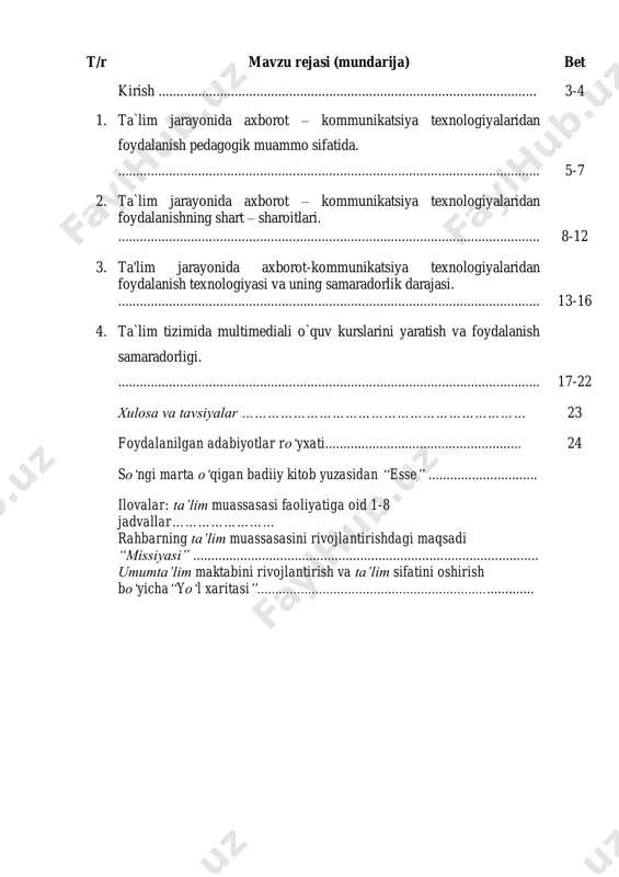 ............................................................................................ umumta’lim maktabini rivojlantirish va ta’lim sifatini oshirish bo‘yicha“yo‘l xaritasi”............................................................................ kirish oʻzbekiston respublikasi prezidenti shavkat mirziyoyev tomonidanyoshlarimizga bo‘lgan e'tiborni yanada kuchaytirish, ularni madaniyat, san'at, jismoniy tarbiya va sportga keng jalb etish, yoshlarda axborot texnologiyalaridan foydalanish ko‘nikmalarini shakllantirish, yurtimiz yoshlari o‘rtasida kitobxonlikni targ‘ib qilish, xotin-qizlar bandligini oshirish masalalariga urg‘u berildi. turli ziddiyatlar kuchayib borayotgan bugungi dunyo manzaralarida yoshlarimizning ma'naviy immunitetini kuchaytirish, ularning bo‘sh vaqtini mazmunli o‘tkazish har qachongidan ham dolzarbroq ekanini zamonning o‘zi ko‘rsatib turibdi. shu bois prezident tomonidan ilgari surilgan 5 ta muhim tashabbus muhim ahamiyat kasb etadi. ma'lumki, davlat rahbari ijtimoiy, ma'naviy-ma'rifiy sohalardagi ishlarni yangi tizim asosida yo‘lga qo‘yish bo‘yicha 5 ta muhim tashabbusni ilgari surgan edi. shu jumldan, uchinchi tashabbus aholi va yoshlar o‘rtasida kompyuter texnologiyalari va internetdan samarali foydalanishni tashkil etish masalalari bo‘yicha. davlatimiz rahbari tomonidan yosh avlodni tarbiyalash ishlariga bunday aniq va maqsadli yondashuv, tizimli va tartibli qat’iy munosabat barcha soha vakillarini, shuningdek, keng aholi qatlami, …