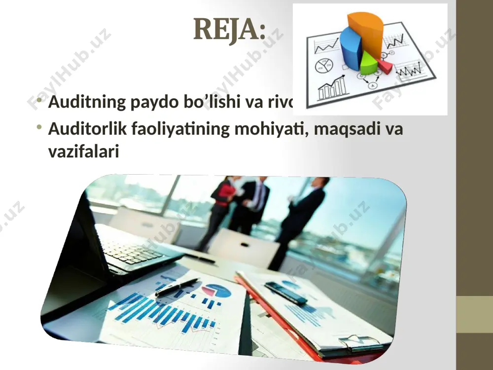 osa beradigan mutaxassislarga ehtiyoj kuchaygan. natijada, 1862 yili angliyada, 1867 yili frantsiyada, 1937 yili esa aqshda majburiy audit to’g’risidagi qonun qabul qilingan. hozirgi paytda bozor iqtisodiyoti rivojlangan mamlakatlarda o’zining tashkiliy huquqiy infratuzilmalariga ega bo’lgan audit institutlari faoliyat ko’rsatmoqda. auditorlik faoliyatining mohiyati, maqsadi va vazifalari. har qanday tushuncha, ayniqsa ilmiy atama o’zining mohiyatini ifodalovchi ta’rifiga ega bo’lishi lozim. auditorlik faoliyatining ta’rifi o’zining tarixiy taraqqiyot yo’lida turli manbalarda turlicha bayon qilingan. masalan, professor m. m. to’laxo’jaevaning «o’zbekiston respublikasida moliyaviy nazorat tizimi» nomli kitobida auditga quyidagicha ta’rif berilgan: «audit – bu mustaqil malakali mutaxassislar tomonidan korxonaning moliyaviy hisobotini yoki u bilan bog’liq moliyaviy axborotni ushbu hisobot yoki axborotning qonun va boshqa normativ hujjatlarga muvofiqlik darajasi to’g’risi-da xulosa chiqarish maqsadida tadqiq etilishidir». auditorlik faoliyatining maqsad va vazifalari tavsifidan kelib chiqib, uni quyidagicha tasniflash mumkin. auditorlik faoliyati auditorlik tekshiruvlar tashabbus tarzidagi auditorlik tekshiruvi buxgalteriya hisobini yo’lga qo’yish, qayta tiklash va yuritish auditorlik tashkilotlarining professional xizmatlari …