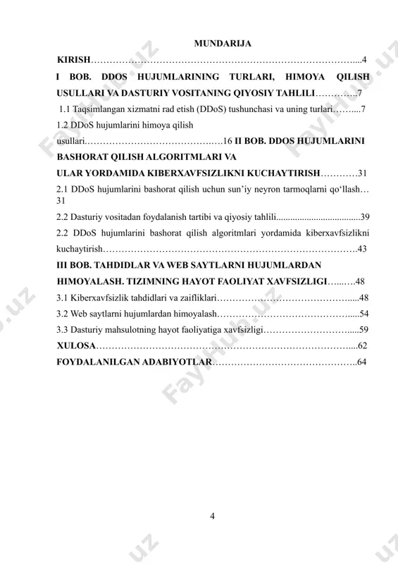 ‘siga putur etkazishi mumkin. ushbu hujumlar bir nechta buzilgan qurilmalar yordamida amalga oshiriladi, ko‘pincha turli geografik joylar bo‘ylab tarqalib, maqsadli resurslarni to‘ldiradigan muvofiqlashtirilgan trafik oqimini yaratish uchun.[footnoteref:1] [1: 1. tsifrovaya steganografiya / v.g.gribunin, i.n.okov, i.v.turintsev – m.: solon-press, 2009-272 c. ] boshqa turdagi kiberhujumlardan farqli o‘laroq, ddos hujumlari sizning xavfsizlik perimetringizni buzishga urinmaydi. aksincha, ddos hujumi sizning veb-saytingiz va serverlaringizni qonuniy foydalanuvchilar uchun mavjud bo‘lmasligini maqsad qilib qo‘yadi. ddos, shuningdek, boshqa zararli harakatlar uchun tutun ekrani sifatida ishlatilishi va nishonning xavfsizlik perimetrini buzgan holda xavfsizlik moslamalarini o‘chirish uchun ishlatilishi mumkin. muvaffaqiyatli tarqatilgan xizmatni rad etish hujumi butun onlayn foydalanuvchi bazasiga ta’sir qiladigan juda sezilarli hodisadir. bu uni xakerlar, kiber buzg‘unchilar, tovlamachilar va o‘z ishini maqsad qilib qo‘ymoqchi bo‘lganlar uchun mashhur qurolga aylantiradi. ddos hujumlari qisqa muddatli yoki takroriy hujumlar bilan sodir bo‘lishi mumkin, ammo har qanday holatda ham veb-sayt yoki biznesga ta’sir kunlar, haftalar va hatto oylar davom etishi mumkin, …