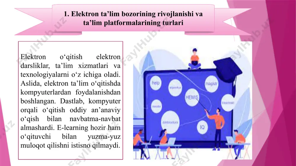 lim va ko‘nikmalarini rivojlantirib boradilar. elektron kurslar shuningdek, o‘quv materiallarini o‘z vaqtida va samarali yangilashga imkon beradi. 2. ta’lim olish uchun teng imkoniyatlar - o‘qitish ma’lum bir ta’lim muassasasida o‘qitish sifatiga bog‘liq bo‘lmaydi. 3. bilimlarni baholash mezonlarini aniqlash imkoniyati - elektron ta’lim orqali o‘quv jarayonida o‘quvchining olgan bilimlari baholanadigan aniq mezonlarni belgilash imkoniyati bor. !!! elektron o‘quv bozori. global elektron ta’lim 2000 yilning o‘zidayoq 48 milliard dollarni tashkil etgan. elektron ta’lim internet va multimediya rivojlanishi natijasida shakllandi. zamonaviy dunyoning tezkorligi bilimlarni shakllantirish va ularni uzatishning eng tez va arzon usullaridan foydalanishni talab qiladi. elektron ta’lim esa aynan ushbu maqsadlarga javob beradi. o‘qish jarayonida elektron ta’lim. babson survey research group ma’lumotlariga ko‘ra, 2012 yilda qo‘shma shtatlardagi oliy ta’limda 6,7 million talaba onlayn ta’limga jalb etilgan. masofaviy ta’lim tizimida: ma’lumotlar bazasini yaratish. kitoblar, videolar, elektron kurslar, testlar va boshqa ta’lim kontentini bir joyda saqlash lozim. xodimlar xohlagan vaqtda portalga borib, kerakli materialni …
